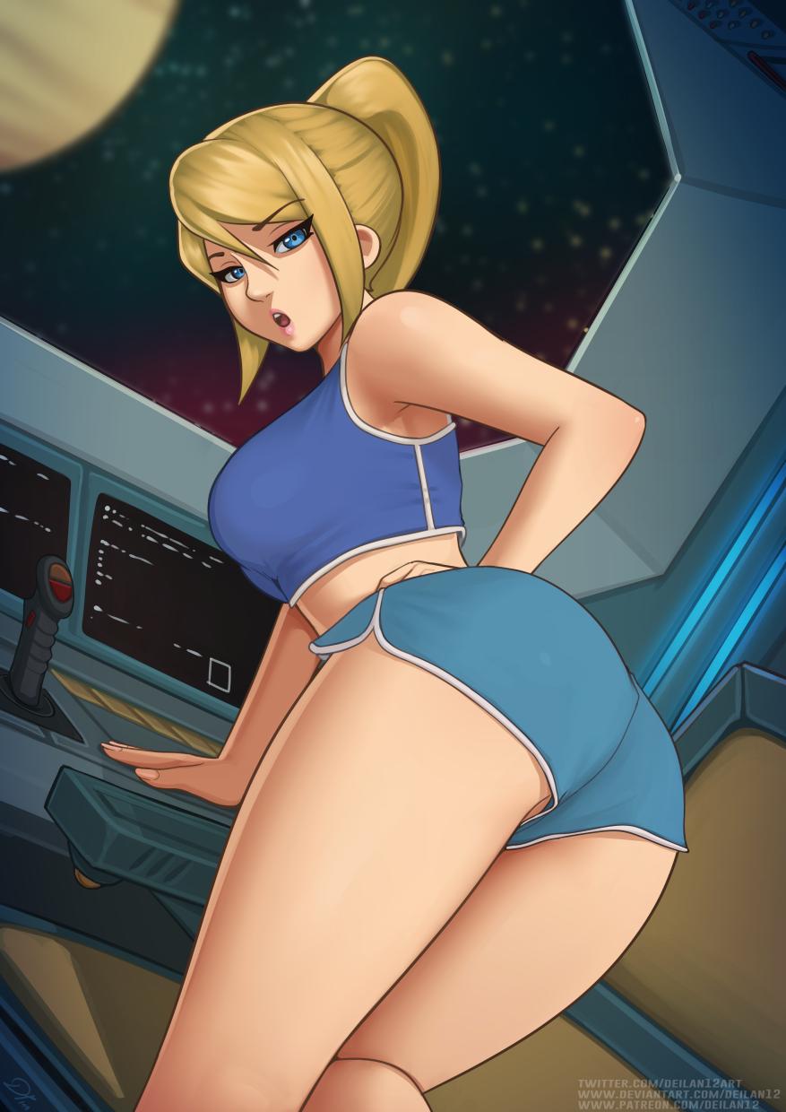 1girls, ass, blonde hair, blue eyes, breasts, cleavage, deilan12, eyebrows visible through hair, female, female only, looking at viewer, looking back, metroid, nintendo, samus aran, sidelocks, solo