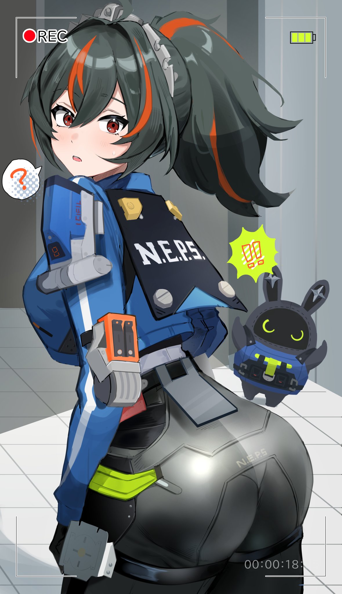 1girls, ass, ass focus, black hair, breasts, bubble ass, bubble butt, dyed hair, female, from behind, fully clothed, gloves, human, jacket, large breasts, looking back, multicolored hair, pants, police, police hat, ponytail, red eyes, red hair, solo, two-tone hair, zenless zone zero, zhu yuan