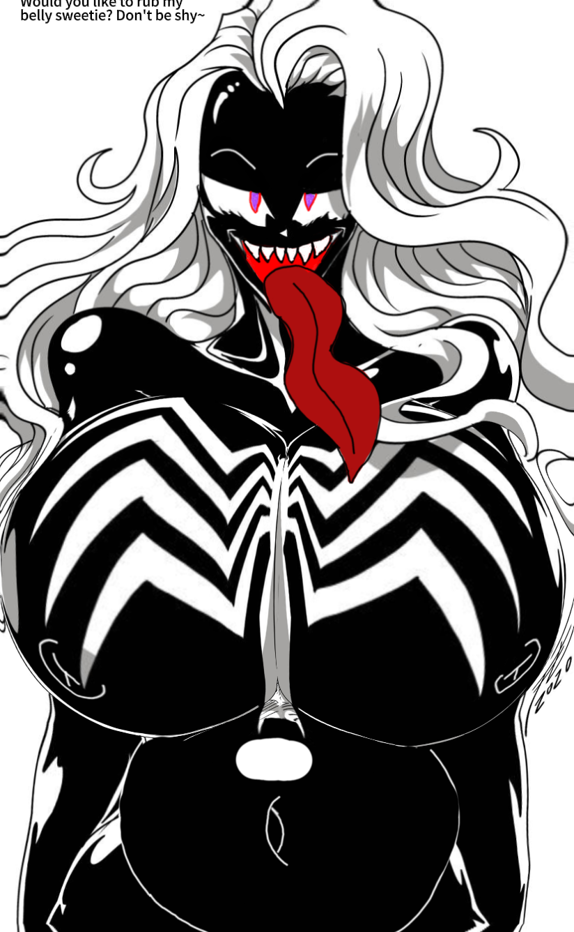 big_belly big_breasts big_smile big_thighs evil_smile female long_tongue marvel marvel_comics purple_eyes revealing_nipples sharp_teeth six_pack symbiote venom_(marvel) white_hair