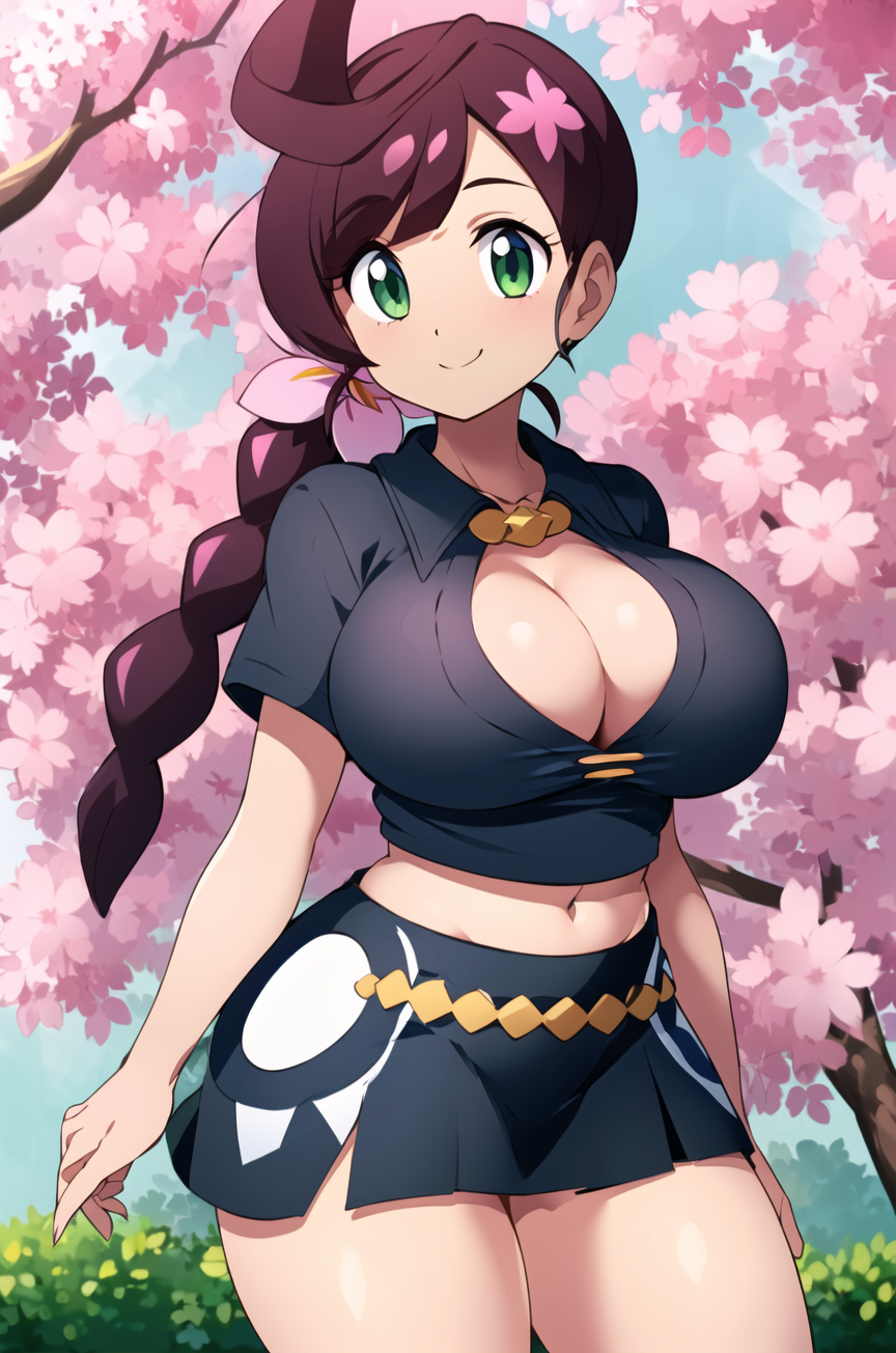 1girls ai_generated big_breasts braid braided_hair breasts chloe_(pokemon) cleavage cleavage_cutout female large_breasts light-skinned_female light_skin pokemon pokemon_journeys ryuzam short_skirt single_braid skirt solo solo_female