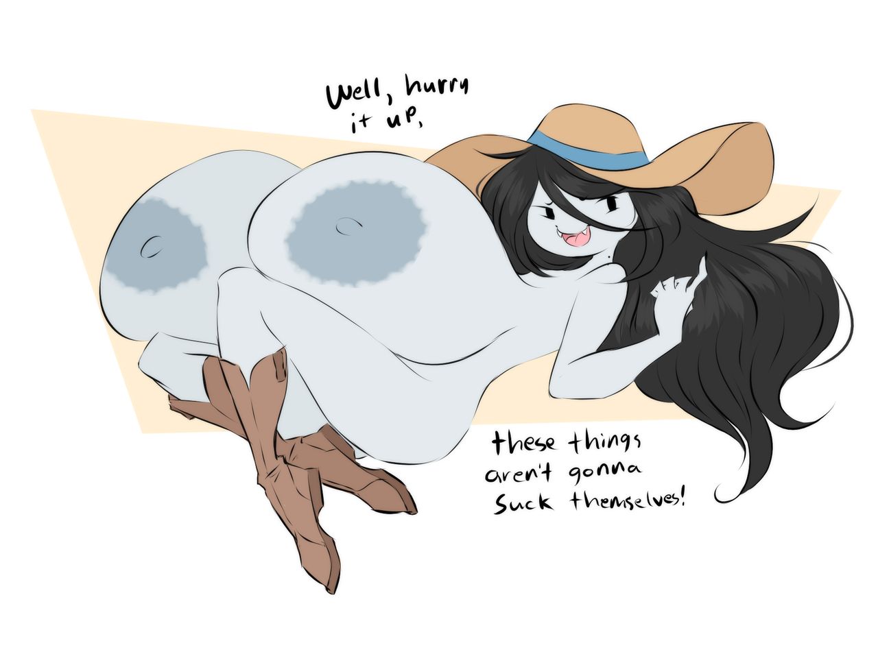 adventure time, alternate breast size, areolar amelanism, big boobs, big breasts, big tits, boobs, breasts, breasts bigger than head, breasts bigger than torso, dullvivid, female, female only, hat, heavy breasts, long hair, marceline, nipples, smile, text, tits, vampire, vampire girl