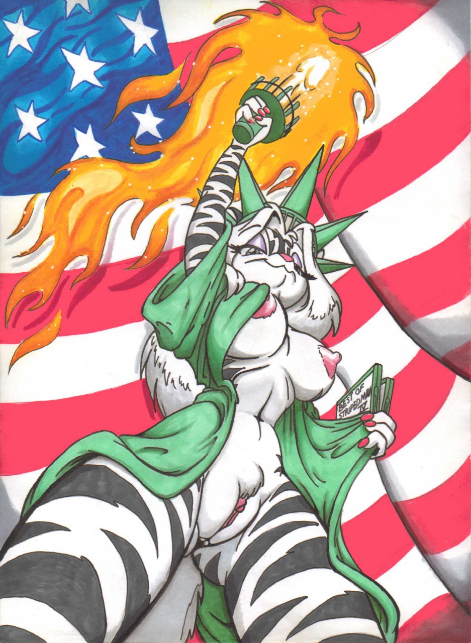 2009 2019 american_flag anthro areola blue_eyes boxice breasts clitoris colored erect_nipples eric_schwartz felid female fire flag fur hair hi_res holding_object hybrid looking_at_viewer low-angle_view mammal mephitid mostly_nude navel nipples open_robe pantherine portrait public_domain pussy skunk solo statue_of_liberty striped_fur stripes three-quarter_portrait tiger torch white_hair zig_zag