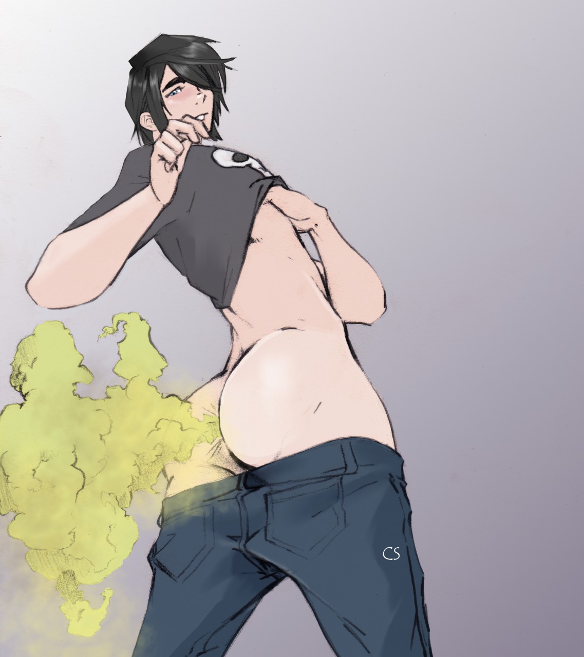 ass, black hair, blue eyes, darktype, emo, fart, fart cloud, fart fetish, male, male fart, male only, solo male, twink