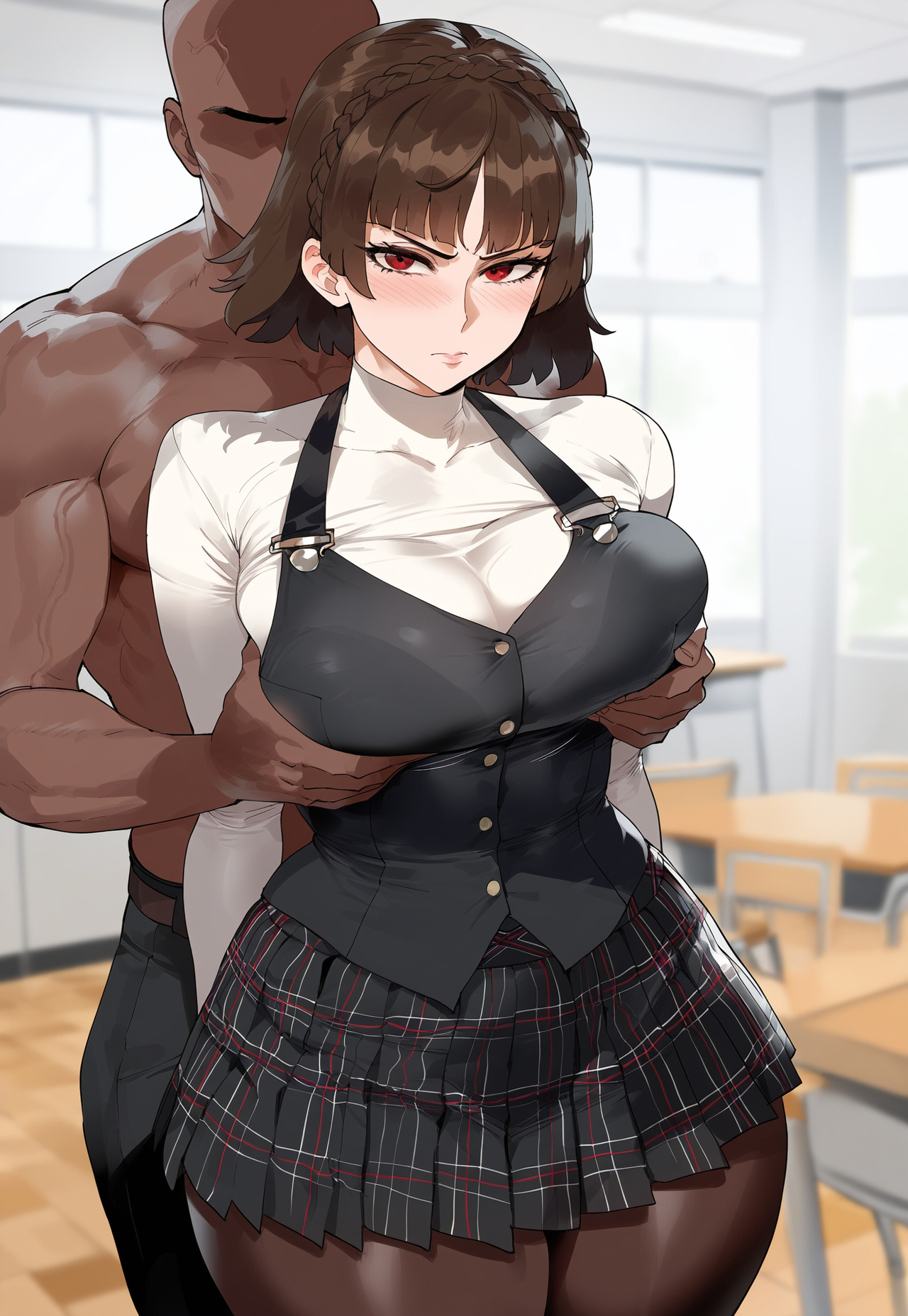 1boy, 1girls, ai generated, breast grab, breasts, brown hair, creamy ai, curvy, dark skin, dark-skinned male, female, grabbing another's breast, grabbing from behind, interracial, large breasts, makoto niijima, male, pantyhose, persona, persona 5, red eyes, school uniform, short hair, shuujin academy uniform, skindentation, thick thighs, wide hips