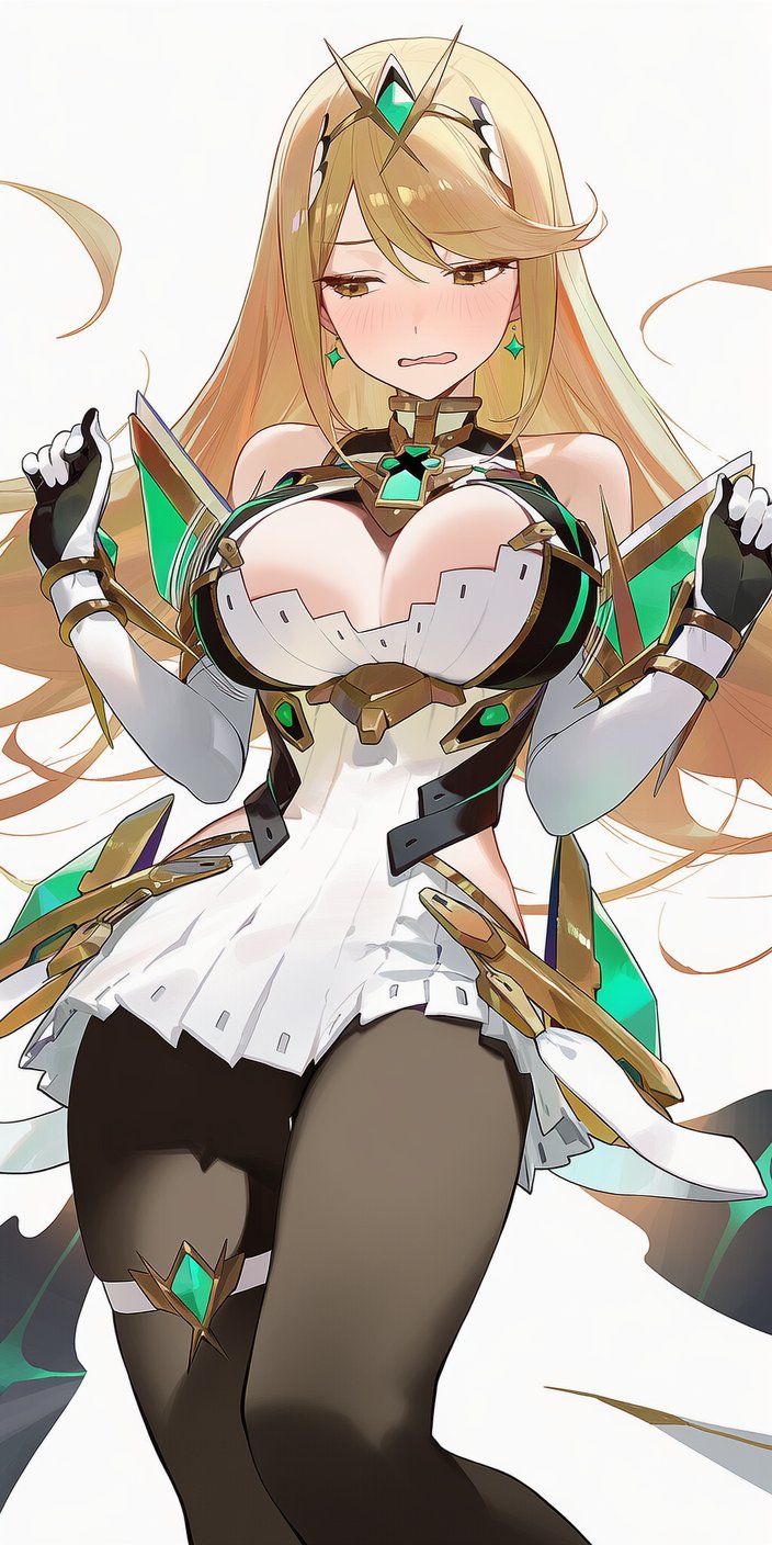 1girls, ai generated, bangs, bare shoulders, blonde hair, blush, breasts, cleavage, cleavage cutout, dress, drowsy sheep, earrings, elbow gloves, female, gem, gloves, headpiece, jewelry, large breasts, long hair, looking down, mythra, mythra (xenoblade), pantyhose, short dress, simple background, solo, solo female, swept bangs, thigh strap, tiara, white dress, xenoblade (series), xenoblade chronicles 2, yellow eyes