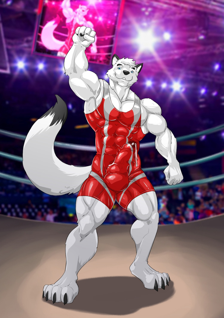 4_toes 5_fingers abs animal_genitalia animal_penis anthro apollowolf arena balls big_arms big_chest big_muscles black_body black_claws black_fur black_markings blue_eyes blurred_background bodily_fluids broad_shoulders bulge canid canine canine_genitalia canine_penis canis cheek_tuft claws clothing crowd cum cum_drip cum_in_clothing cum_through_clothes cum_through_clothing detailed_background detailed_bulge digital_drawing_(artwork) digital_media_(artwork) digitigrade dipstick_ears dipstick_tail dripping ear_markings ejaculation erection erection_under_clothing facial_tuft feet fighting_ring fingers fist flexing fur genital_fluids genital_outline genitals group hands-free head_tuft inside jumbotron kartos knot looking_at_viewer low-angle_view male male_only mammal mankini markings multicolored_ears muscular muscular_anthro muscular_male overhead_lighting paws pecs penis penis_outline raised_fist raised_hand red_mankini shaded smile solo spandex standing story story_in_description tail tail_markings teeth thick_neck tight_clothing toe_claws toes tuft victory_pose wet wet_clothing white_body white_fur wolf wrestling_singlet