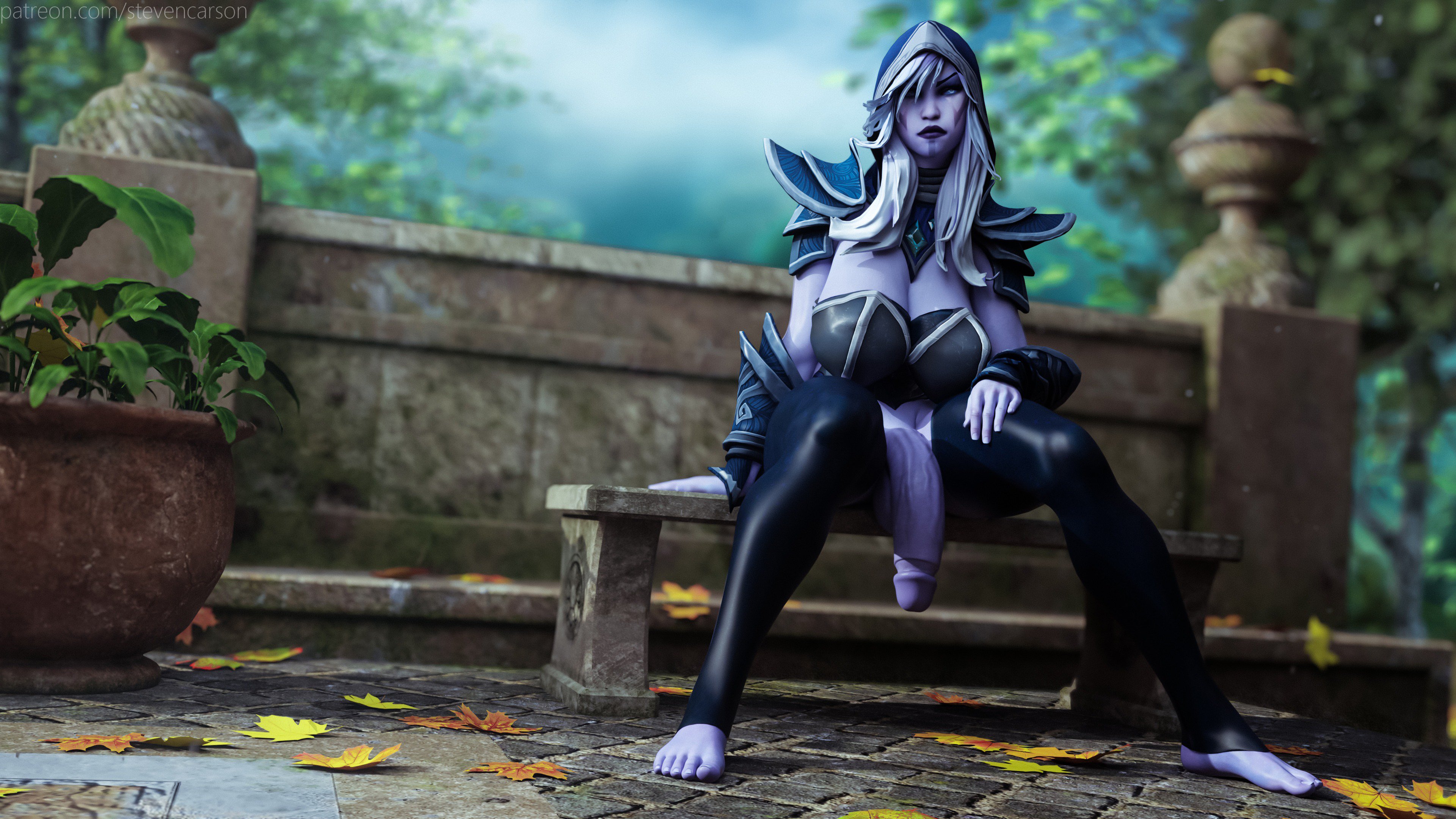 1futa, 3d, armor, autumn, balls, barefoot, bench, bent penis, blue skin, bottomless, breasts, cleavage, cloak, curvy, dangling balls, dangling testicles, dark skin, dark-skinned futa, dota 2, drow ranger, facial markings, flaccid, foreskin, futa only, futanari, hanging penis, hood, huge breasts, huge cock, huge penis, intersex, leaves, looking at viewer, muscular, muscular futa, no pubes, outside, park, penis, penis cutout, plant, presenting penis, purple skin, realistic, retracted foreskin, shoulder pads, sitting, solo, solo futa, stevencarson, testicles, thick thighs, tiles, uncircumcised, unconvincing armor, vambraces, vein, veiny penis, wallpaper, wide hips
