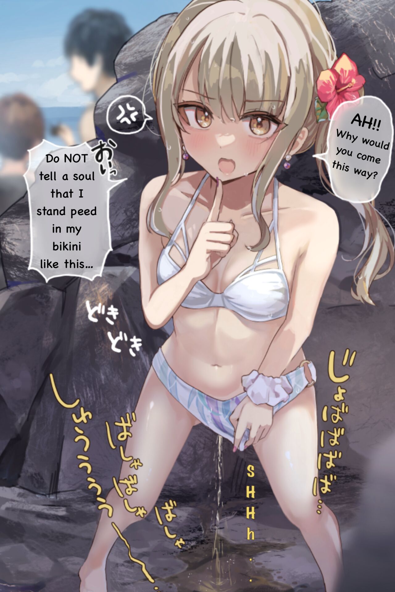 1girls 2boys bikini bikini_aside blonde_hair breasts caught caught_in_the_act caught_peeing clothes_aside english_text flower_in_hair hiding navel noa_cell open_mouth original peeing peeing_outside rock scrunchie standing_pee yellow_eyes