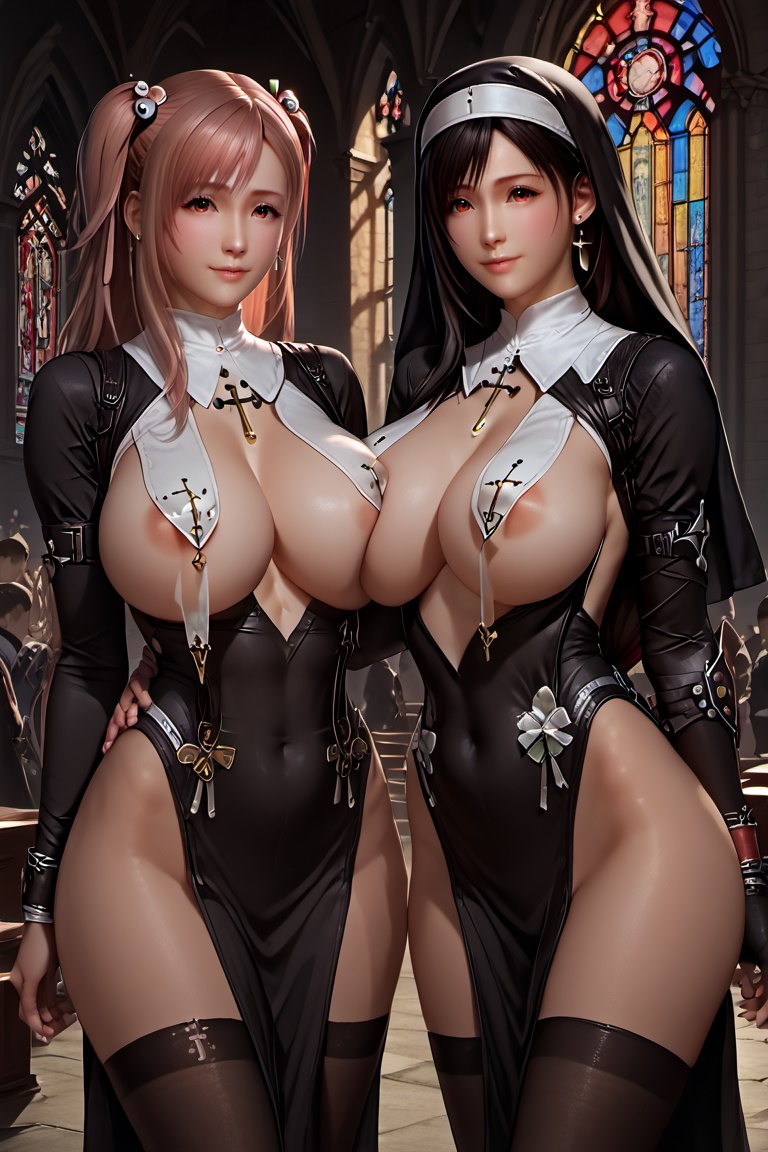 2girls ai_generated areola_slip big_breasts bodysuit breasts_curtains church church_interior church_stained_glass dead_or_alive dead_or_alive_xtreme_venus_vacation dress final_fantasy_vii honoka_(doa) hourglass_figure huge_breasts indoors light_smile no_panties nun nun_costume pelvic_curtain public rekcah_mhf revealing_clothes thighhighs tifa_lockhart