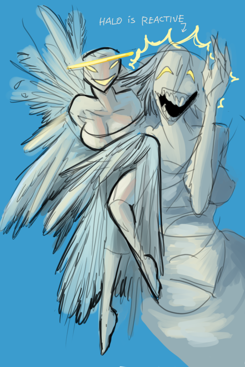 angel big_breasts christianity crooked_teeth dress halo laughing md34 wide_hips wings