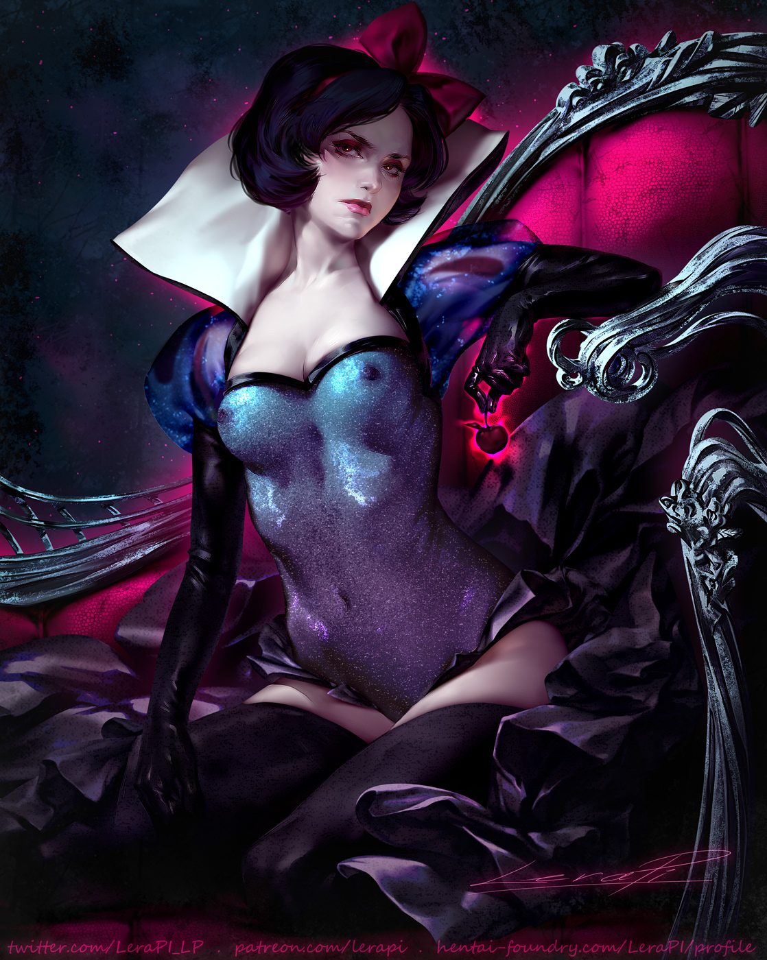 1girls, areolae, breasts, corruption, disney, disney princess, erect nipples, female, female only, goth, lerapi, looking at viewer, nipples, snow white (disney), snow white and the seven dwarfs (1937 film), solo, teenager, thighhighs