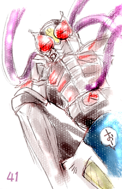 armor armored_male belt clenched_hand context_at_source hand_up imagin kamen_rider kamen_rider_den-o kamen_rider_den-o_(series) legs_spread male momotaros no_visible_genitalia on_back on_bike purple_tentacles red_armor simple_background sketch suggestive tentacle tentacles_on_male unseen_character unseen_male yaoi