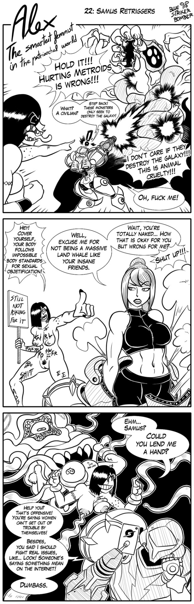 2girls, abs, alex (bluestrikerbomber), alex the smartest feminist in the patriarcal world, alien, ambiguous gender, angry, annoyed, areola, areolae, arm cannon, armor, ass, big ass, big butt, black background, black hair, black nails, bluestrikerbomber, body writing, breasts, busty, casual outfit (metroid), cellphone, claws, comic, confused, crop top, crossover, curvy, dialogue, english text, female, female focus, female prey, feminist, fight, fighting, fit, fit female, hair over eye, hair over one eye, highres, holding cellphone, holding object, huge ass, huge butt, humor, imminent vore, large ass, lips, long image, looking at phone, medium breasts, metroid, metroid (creature), mole under mouth, monochrome, monster, muscles, muscular, muscular arms, muscular female, nails, naked, navel, nervous, nervous smile, nintendo, nipples, nude, one eye covered, open mouth, phone, pierced nipples, piercing, piercings, ponytail, power suit, pubes, pubic hair, samus aran, screaming, sexually suggestive, sharp claws, sharp teeth, shiny hair, short hair, shorts, sign, signature, smile, smiling, speech bubble, surprised, tall image, tattoo, tattoos, teeth, tentacle, tentacle grab, tentacle monster, tentacle rape, tentacles, text, thick thighs, title, toned, toned female, tongue, tongue out, undressing, video game, video games, voluptuous, vore, white background, wide hips, worried, wristwear