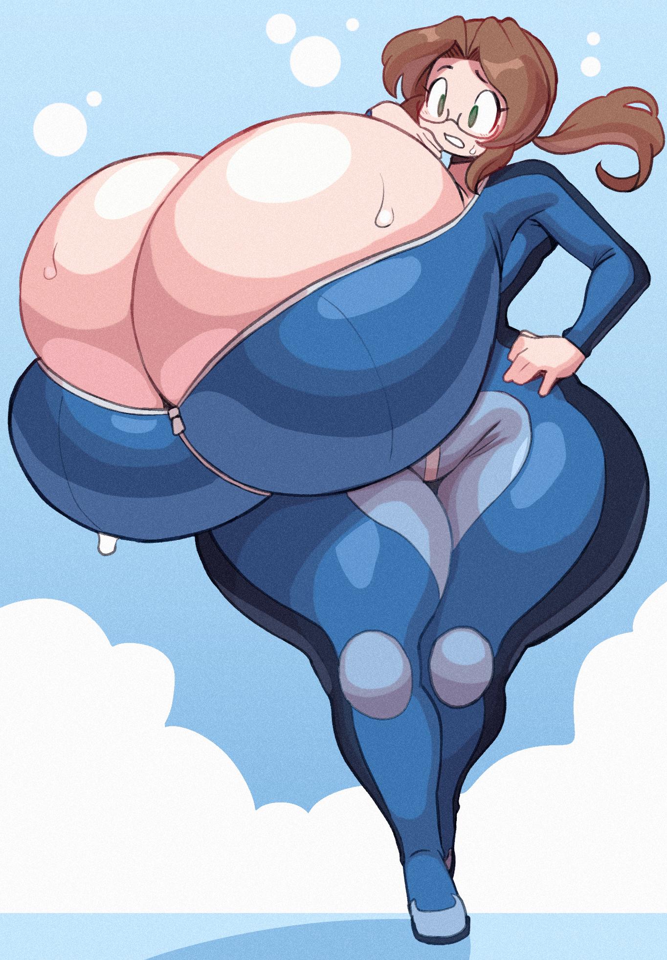 angstrom, blush, breasts, bursting breasts, cleavage, female, female only, glasses, hyper breasts, latex, latex suit, thick thighs, wide hips
