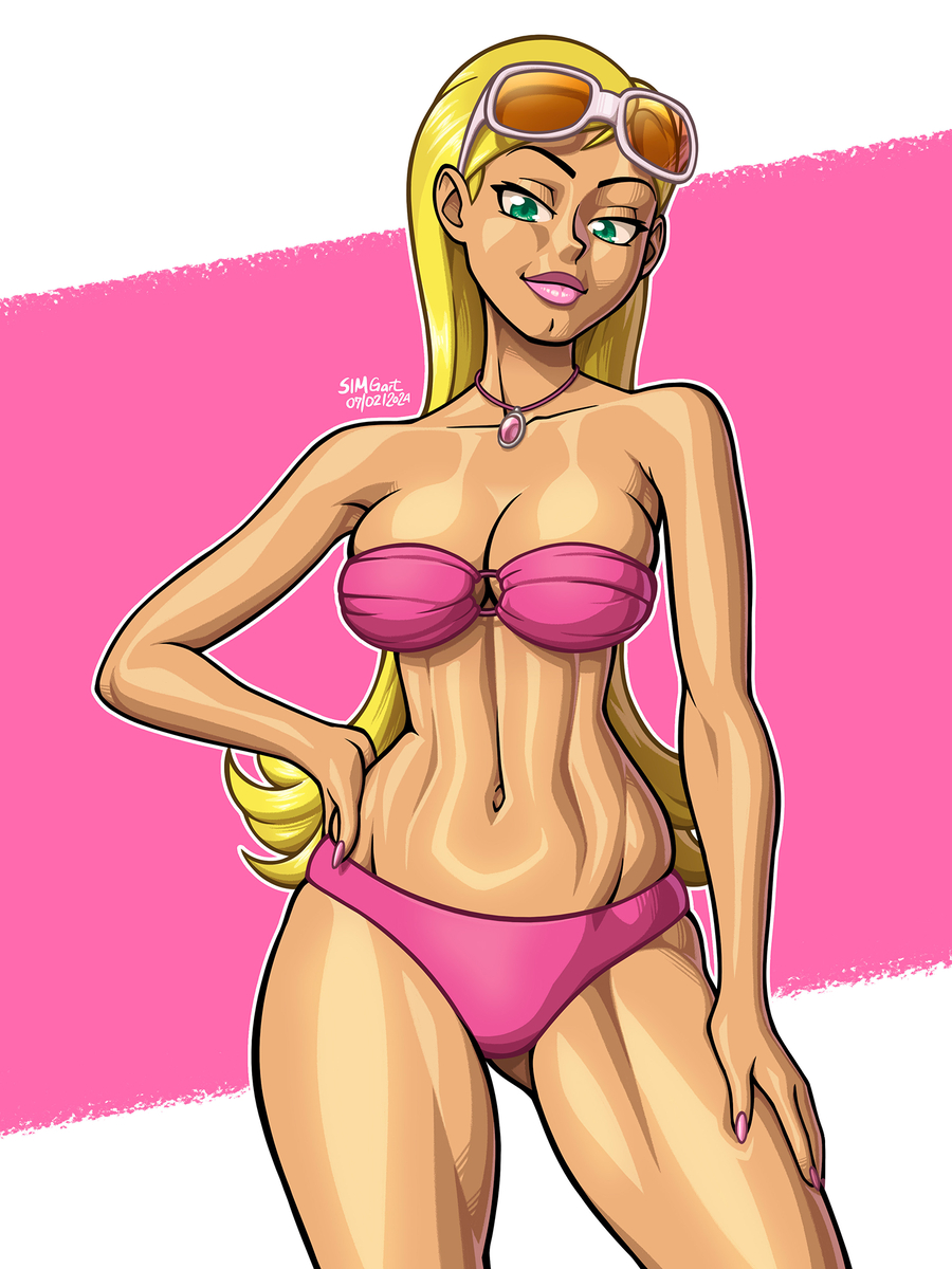 1girls artist_name bikini blonde_hair breasts cleavage dakota_(tdi) female green_eyes hand_on_hip long_hair looking_at_viewer navel necklace pink_bikini pink_lips pink_lipstick pink_nails simgart solo solo_female solo_focus sunglasses sunglasses_on_head swimsuit total_drama:_revenge_of_the_island total_drama_island