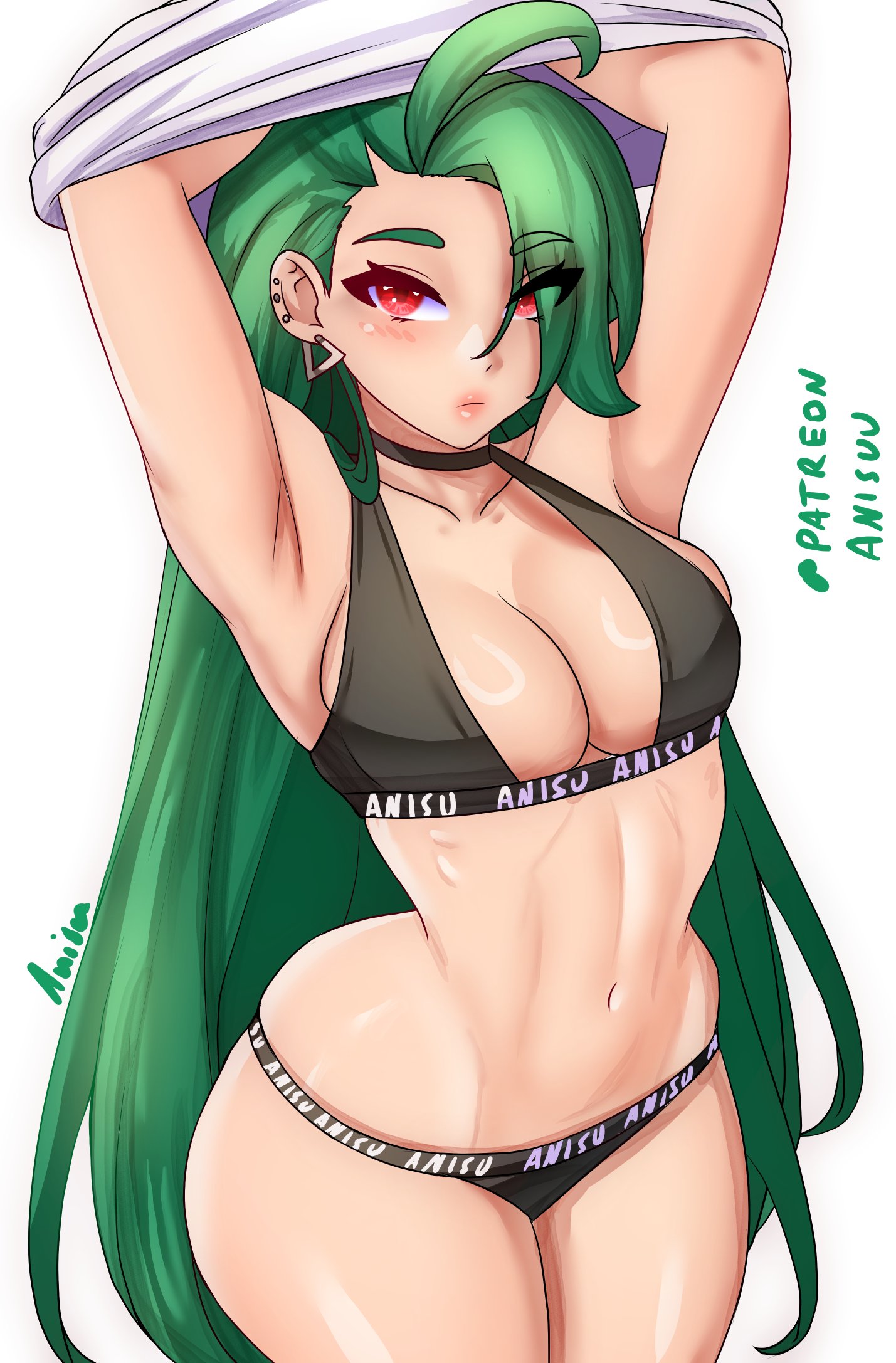 1girls, anisdrawn, armpits, bare arms, black bra, black panties, blush, bra, breasts, cleavage, closed mouth, clothes lift, curvy figure, earrings, female, green hair, hair over one eye, hi res, hips, jewelry, large breasts, light skin, light-skinned female, long hair, looking at viewer, midriff, navel, panties, pokemon, pokemon sv, red eyes, rika (pokemon), shirt, shirt lift, simple background, solo, stomach, thighs, underwear, undressing, very long hair, white background, white shirt, wide hips