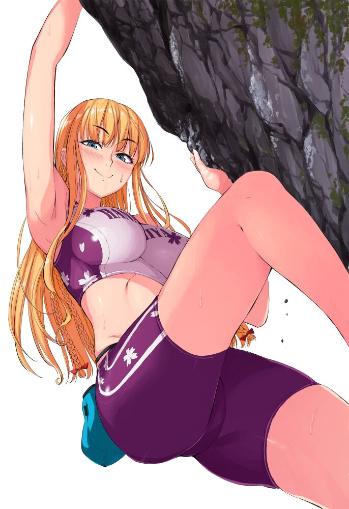 1girls armpit athletic_female athletic_shorts athletic_wear bare_midriff blonde_hair blue_eyes climbing crop_top female female_only gym_clothes ishizaka_ryuudai iwakakeru!_sport_climbing_girls large_breasts purple_shorts shorts sweat sweating yotsuba_sayo