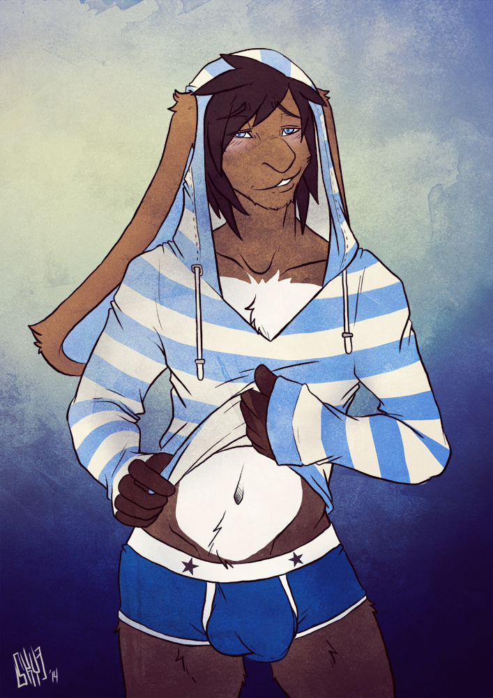 1boy anthro big_ears blue_eyes blue_underwear blush brown_fur brown_hair bulge chest_tuft clothing fur hair half-closed_eyes hoodie lagomorph leporid long_ears male male_only mammal rabbit seductive sky3 smile solo striptease topwear tuft underwear