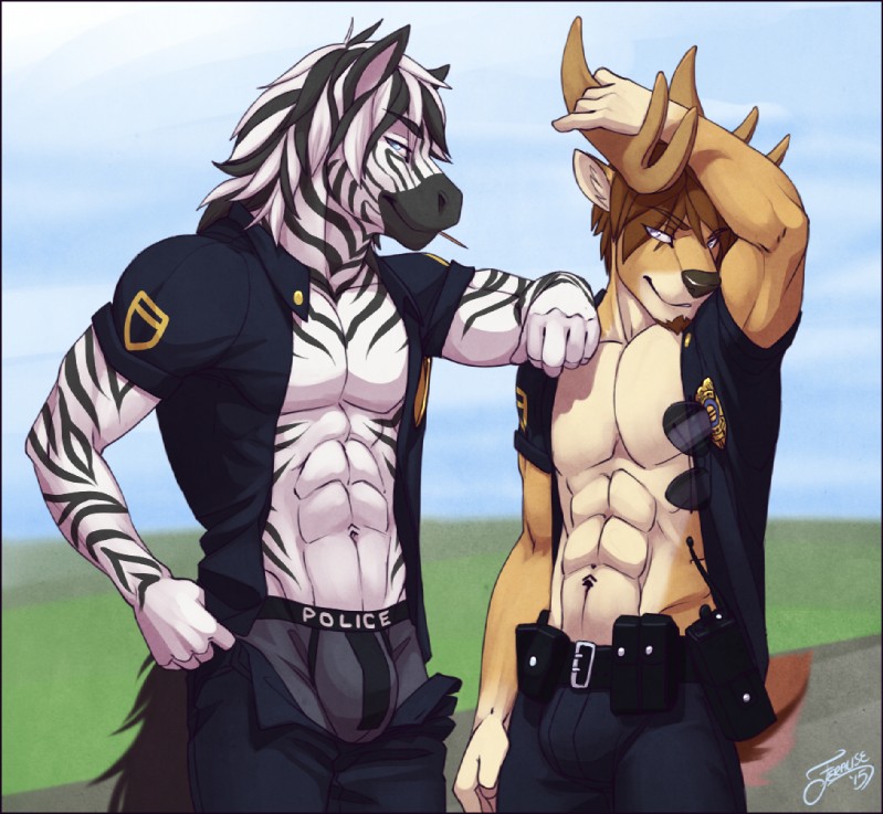 2boys abs anthro bulge deer feralise furry jegermaistro looking_at_viewer male_only open_fly open_shirt police smug zebra