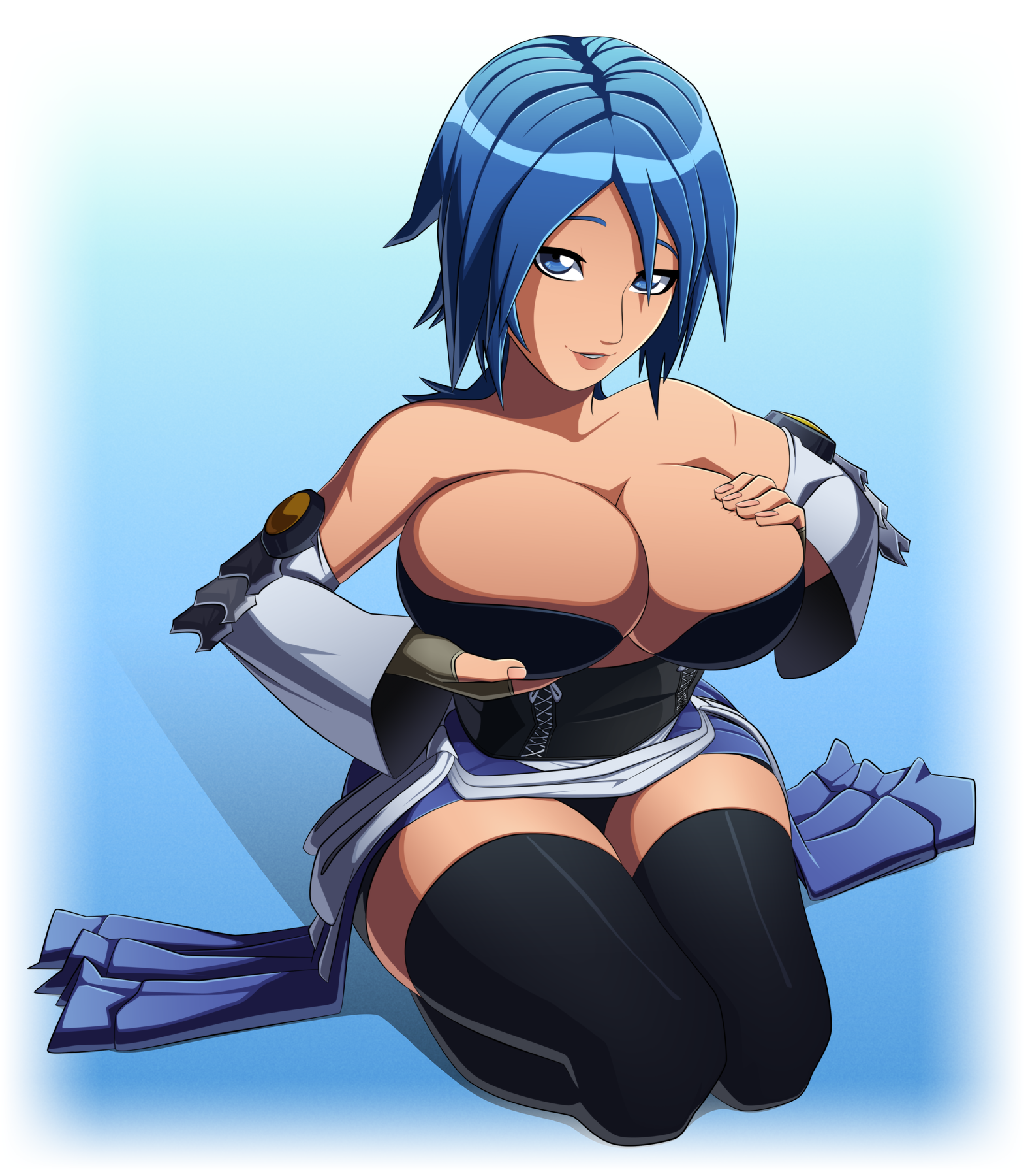1girls, aqua (kingdom hearts), big breasts, blue eyes, blue hair, blue-haired female, breast lift, breasts, cleavage, disney, female, female only, kingdom hearts, large breasts, looking at viewer, ravenravenraven, short hair, solo, square enix, thick thighs, thighhighs