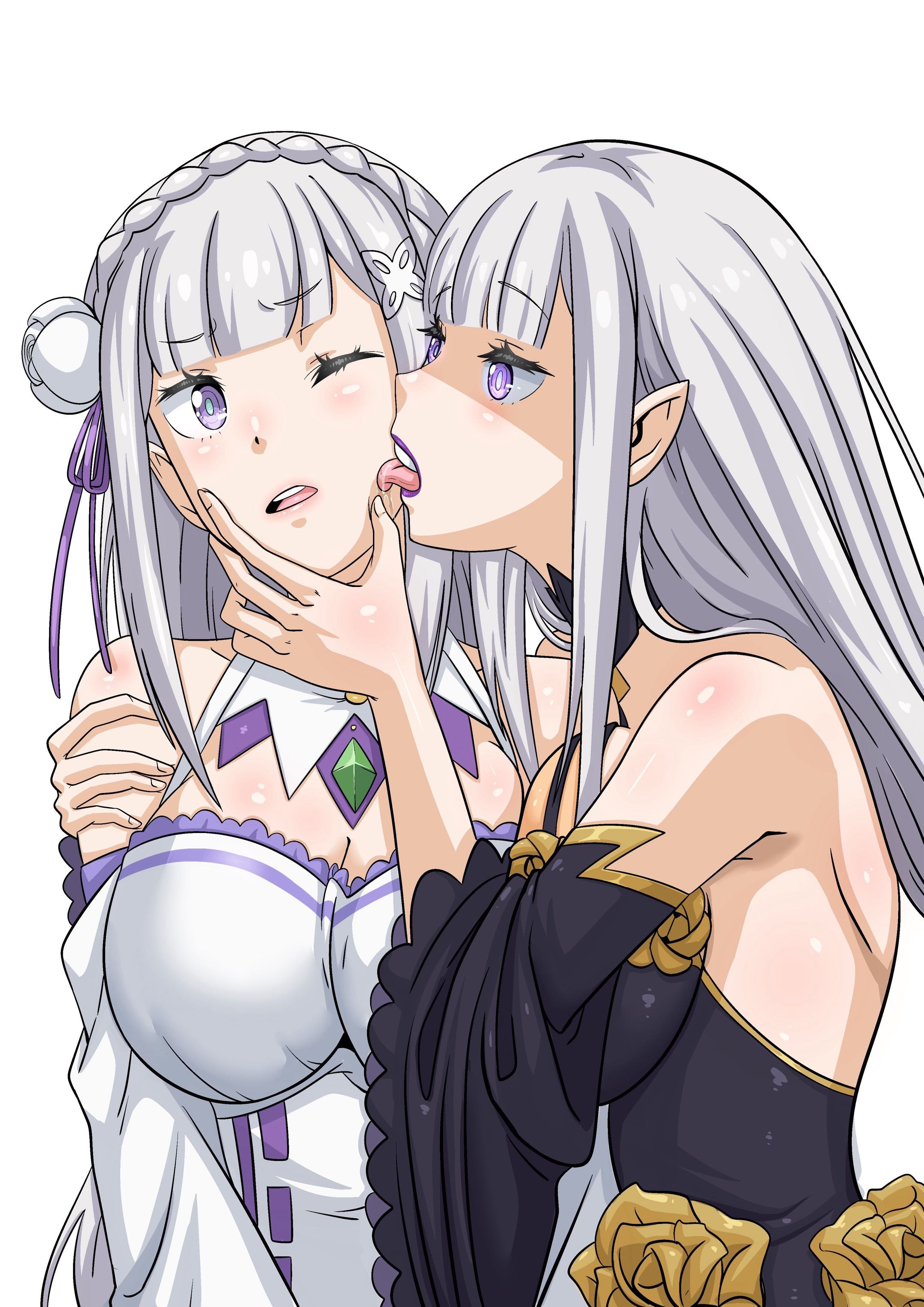 2girls, dubious consent, elf, elf ears, emilia (re:zero), licking, licking face, possessive, purple lipstick, re:zero kara hajimeru isekai seikatsu, satella (re:zero), silver hair, similar looking, wacum, yuri
