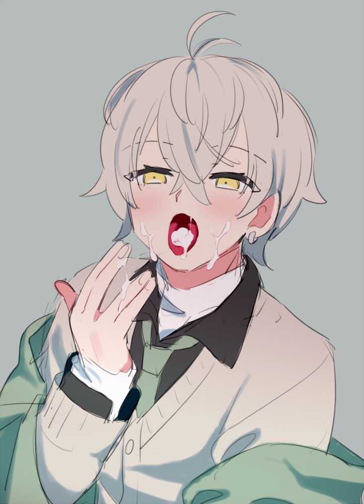 1boy blush clothing cum cum_in_mouth cum_on_face dripping_cum facial grey_hair ishihara_usumi kashii_kaoru mahjong_soul male male_focus tongue yellow_eyes young