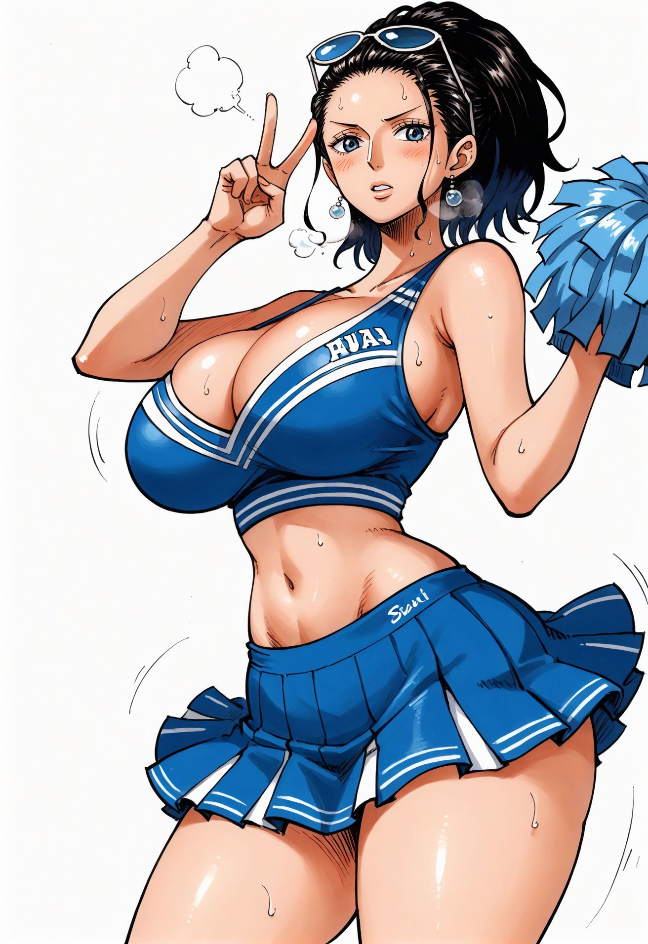 ai_generated alluring almost_naked almost_nude big_breasts blue_eyes breasts cheerleader cheerleader_outfit cheerleader_uniform cheerleading_uniform female female_only looking_at_viewer nico_robin one_piece seducing seduction seductive seductive_body seductive_eyes seductive_gaze seductive_look seductive_mouth seductive_pose sunglasses sunglasses_on_head sweat sweatdrop sweating sweaty sweaty_body thick_thighs voluptuous voluptuous_female yashin