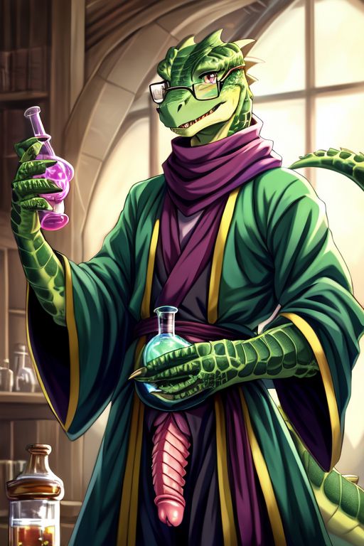 ai_generated glasses green_body isekai_slow_life lincale_(isekai_slow_life) lizardman male penis potion robe scarf