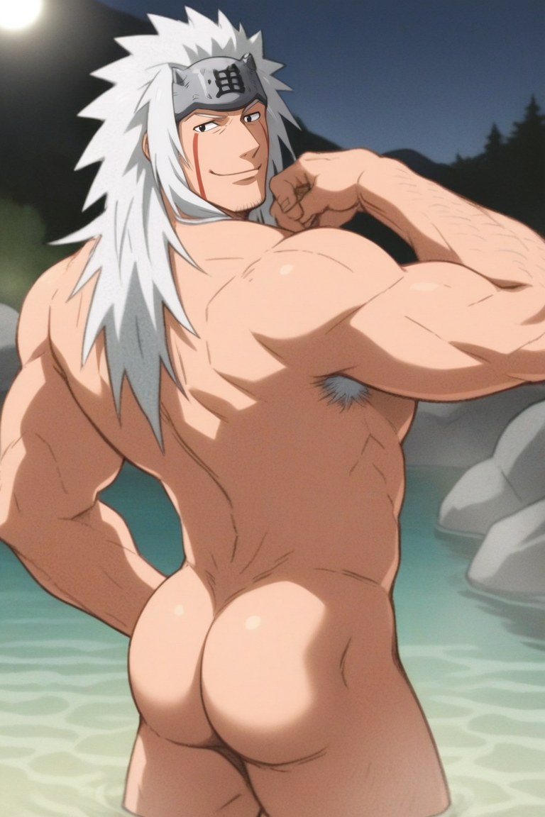 ai_generated ass bara gay hot_springs jiraiya looking_at_viewer looking_back male male_butt male_only mature_male muscular_male naruto naruto_(series) onsen rocks trees water water_in_background