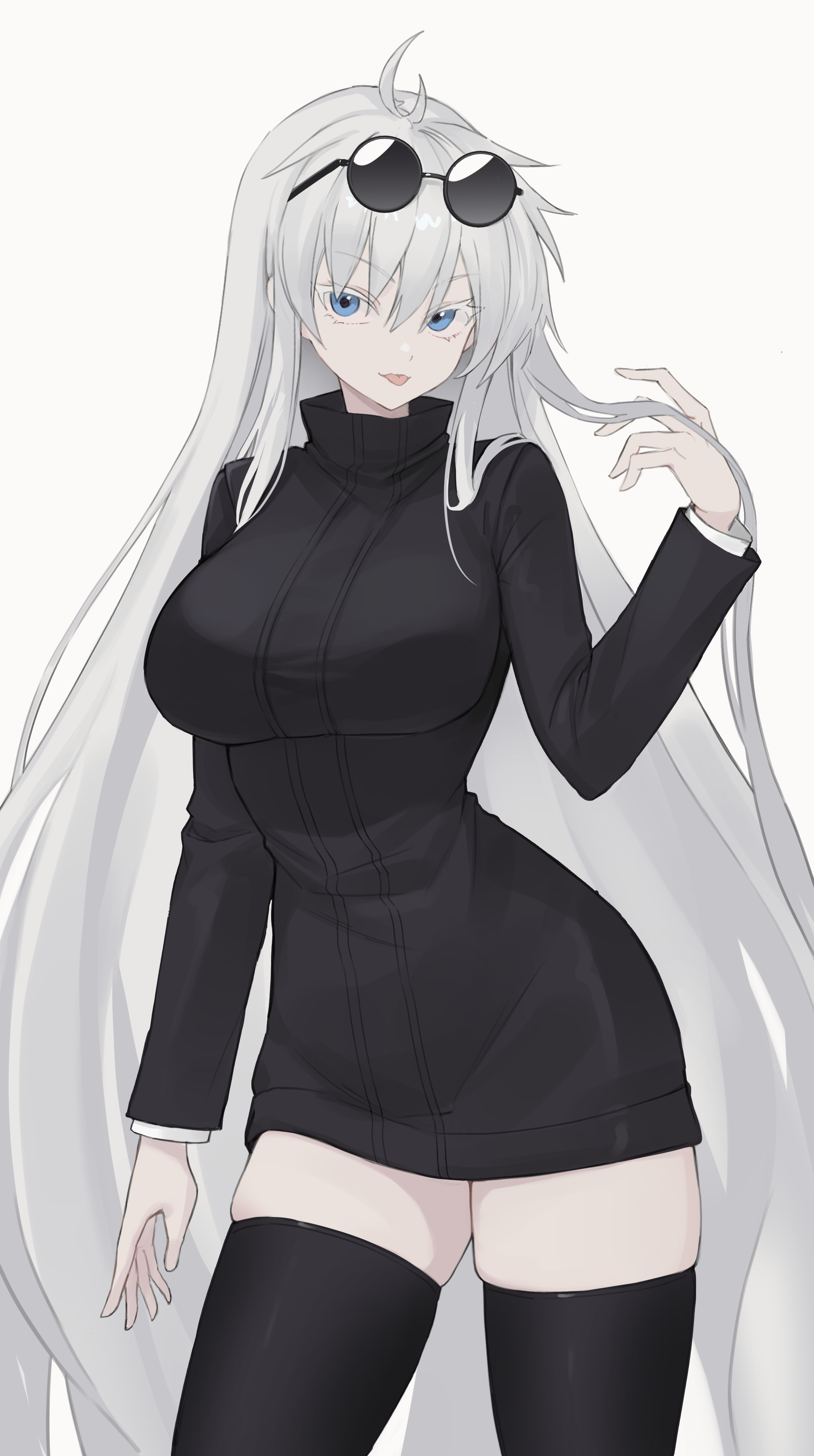 1girls, artist request, blue eyes, female, female focus, female only, genderswap, genderswap (mtf), glasses on head, goku>gojo, goku>goko, jujutsu kaisen, light skin, light-skinned female, long hair, pale skin, pale-skinned female, rule 63, satoru gojo, simple background, very long hair, white hair