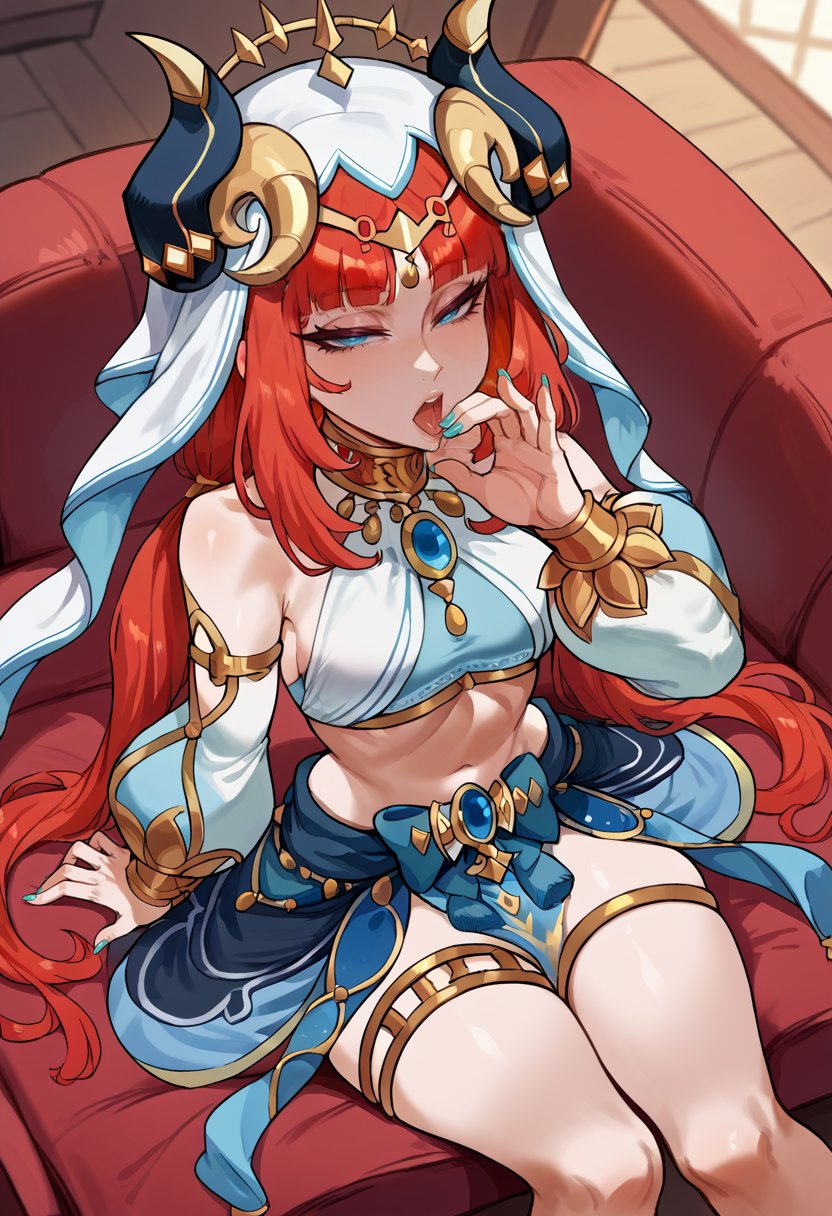 ai generated, belly, belly dancer, belly dancer outfit, blue eyes, blue nails, brinkai, couch, fellatio gesture, female, genshin impact, horn, midriff, nilou (genshin impact), red hair, sitting, thighs, tongue, tongue out, twintails, wide hips