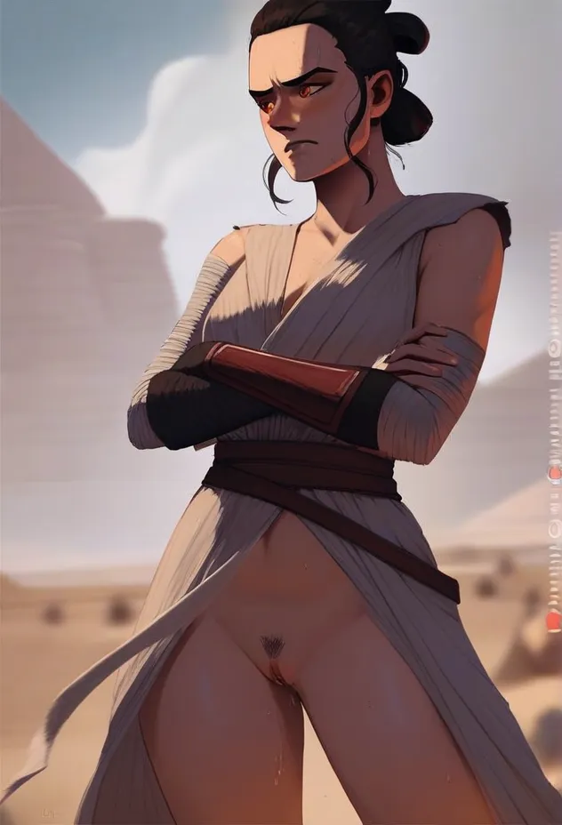 1female ai_generated bottomless desert embarrassed embarrassed_female exposed_vagina looking_away nsfwaibs pubic_hair rey star_wars