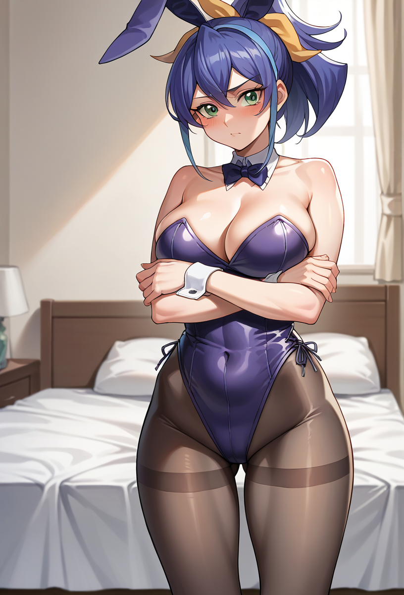 ai_generated arms_together bed blue_hair blush breasts bunny_ears bunnysuit celina female green_eyes isak2905 looking_at_viewer navel nervous ponytail pose ribbon serena_(yu-gi-oh!_arc-v) solo yu-gi-oh! yu-gi-oh!_arc-v