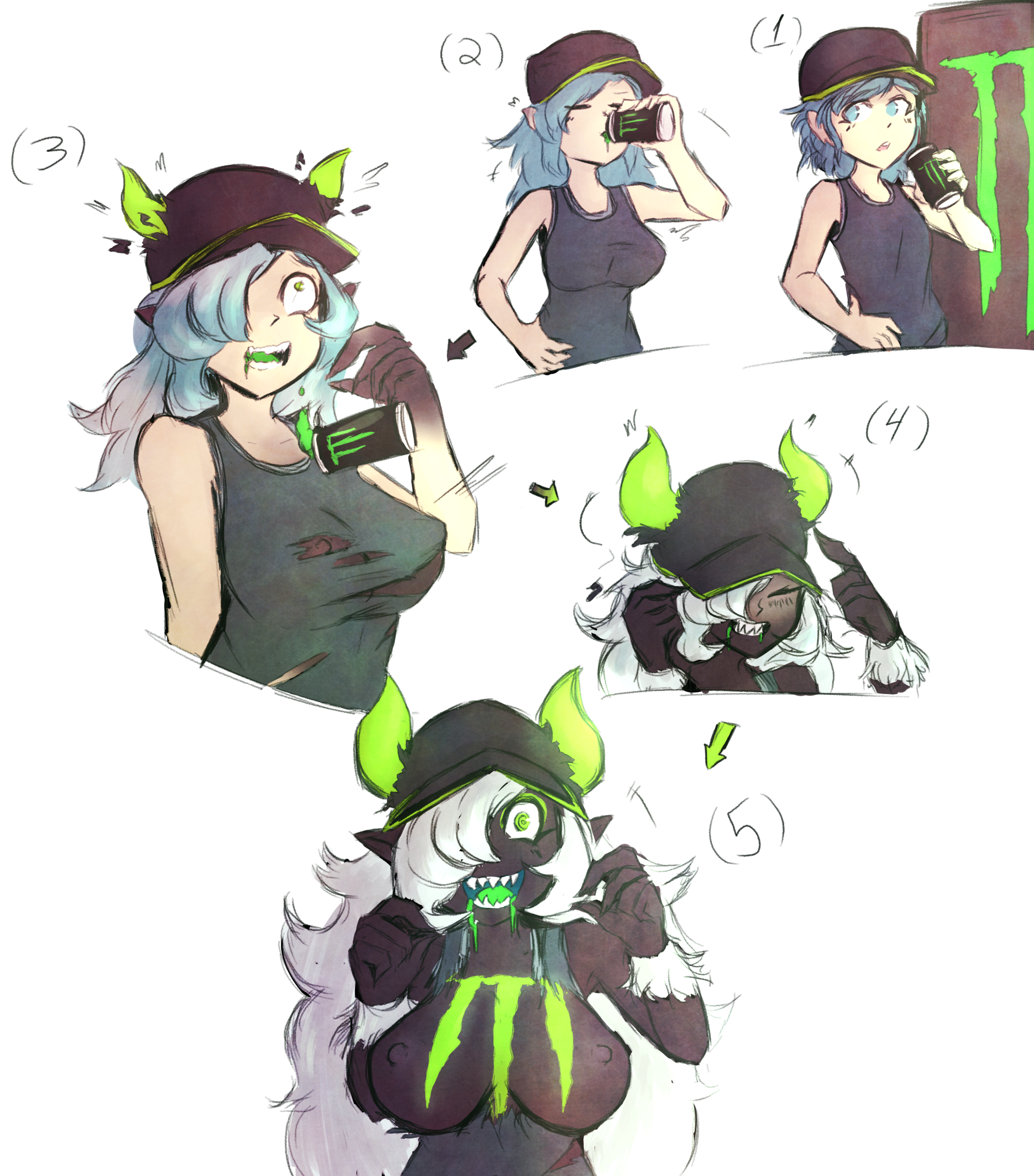 blue eyes, blue hair, breast expansion, breast growth, breast growth (enlargement), breasts, cap, corruption, critnuke, fangs, female, glowing, green eyes, horns, long hair, mascot, monster energy, monster girl, monster-chan, open mouth, sharp teeth, solo, tagme, transformation, white hair