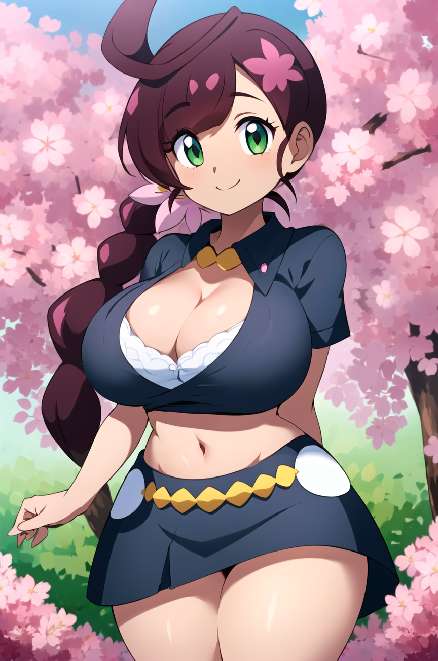 1girls ai_generated big_breasts braid braided_hair breasts chloe_(pokemon) cleavage cleavage_cutout female large_breasts light-skinned_female light_skin pokemon pokemon_journeys ryuzam short_skirt single_braid skirt solo solo_female