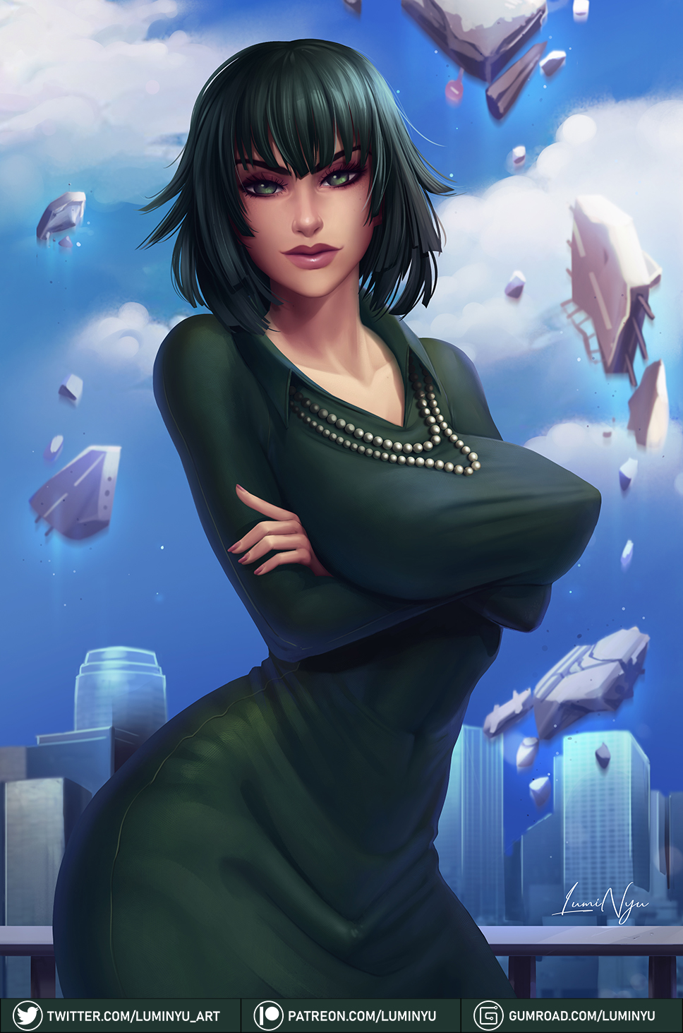 1girls, big breasts, breasts, cityscape, crossed arms, dress, female, female focus, female only, fubuki (one-punch man), green dress, green eyes, green hair, large breasts, looking at viewer, luminyu, one-punch man, pearl necklace, pinup, short hair, solo, solo focus, tight clothing, tight dress