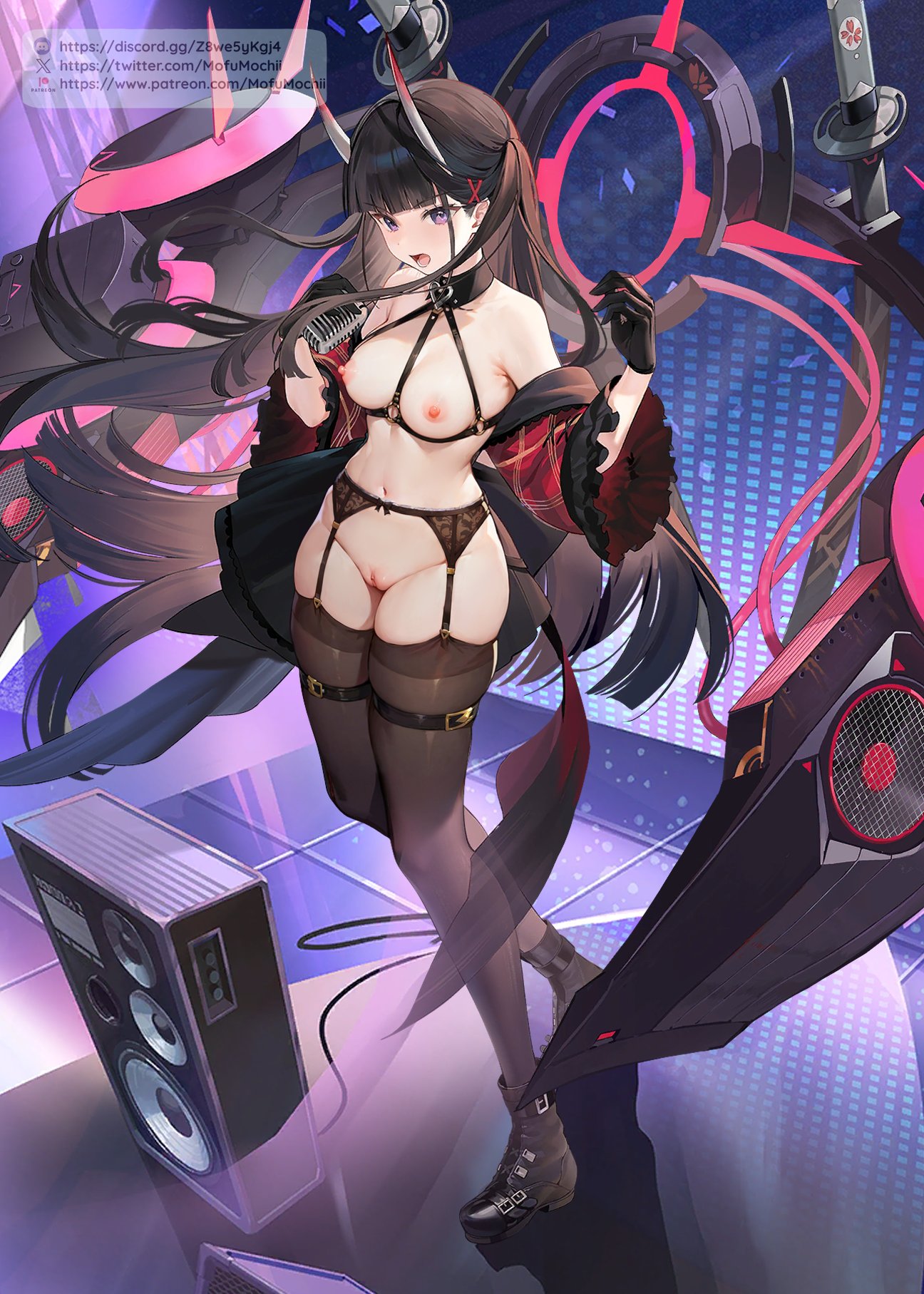 azur_lane black_dress boots clothing dress female footwear garter_straps gloves high_resolution idol idol_clothes katana microphone mofumochii noshiro_(azur_lane) noshiro_(muse)_(azur_lane) nude_filter oni rigging sakura_empire_(emblem) scabbard sheath sheathed speaker stage stockings sword weapon