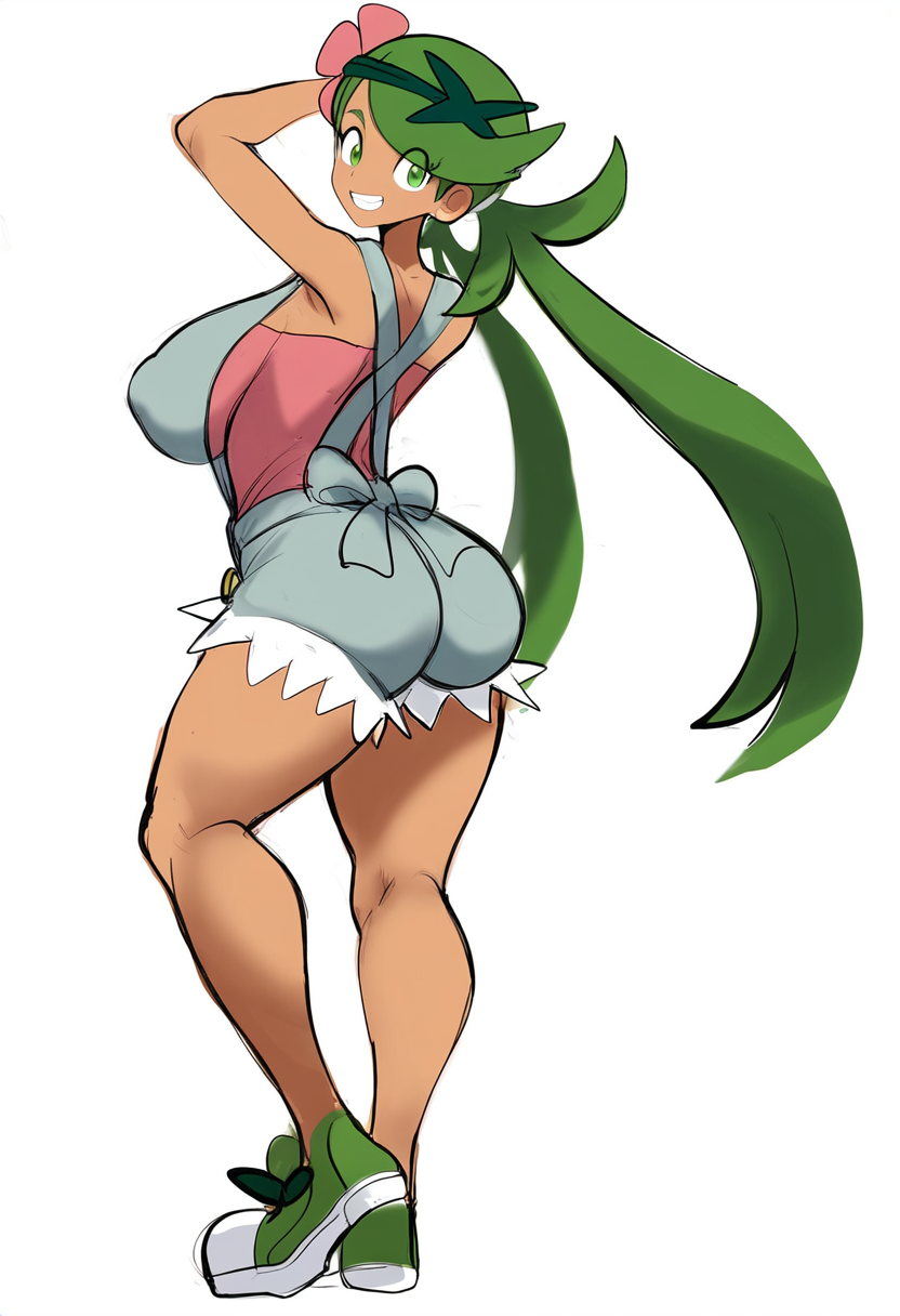 ai_generated ass big_breasts dark-skinned_female dark_skin female female_focus female_only full_body grin mallow_(pokemon) mullon novelai overalls pokemon pokemon_sm solo solo_female thick_thighs