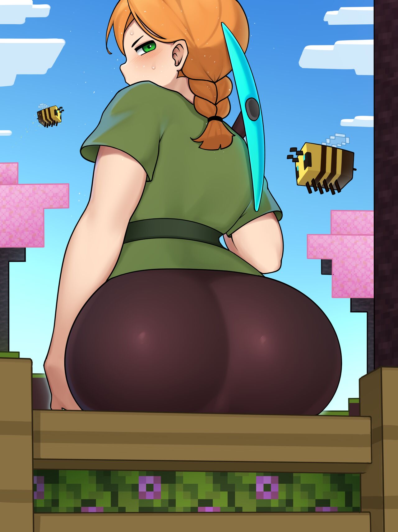 1girls alex_(minecraft) ass ass_focus bee bee_(minecraft) big_ass big_butt female female_only fiera_(artist) green_eyes minecraft orange_hair tagme