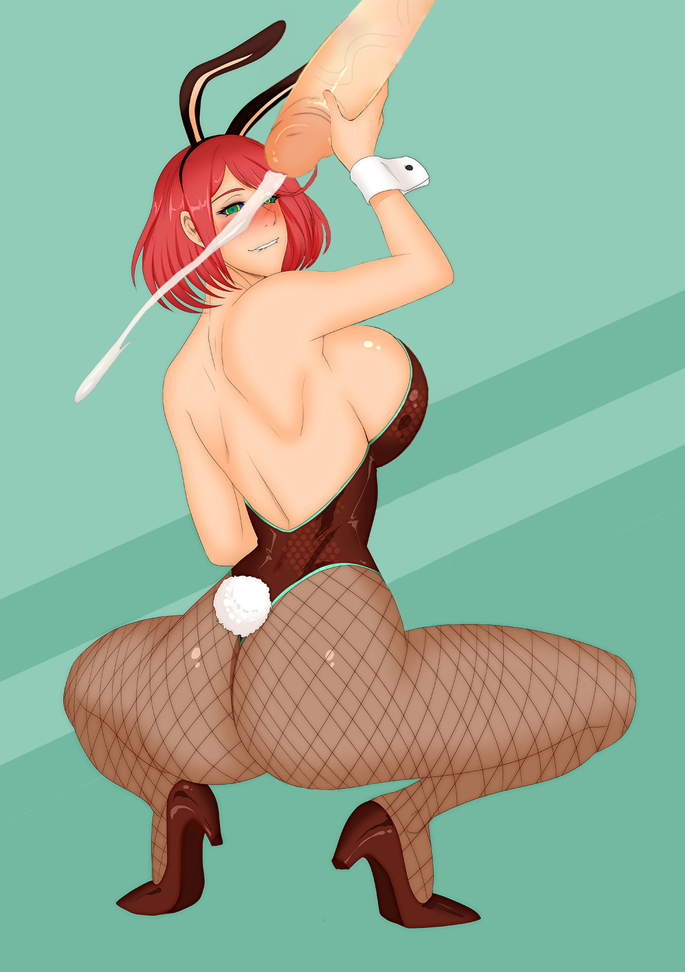 1girls, ass, big ass, big breasts, breasts, bunny ears, bunny girl, bunnysuit, female, green eyes, handjob, high heels, hypno eyes, nintendo, oo sebastian oo, pyra, red hair, squatting, xenoblade (series), xenoblade chronicles 2