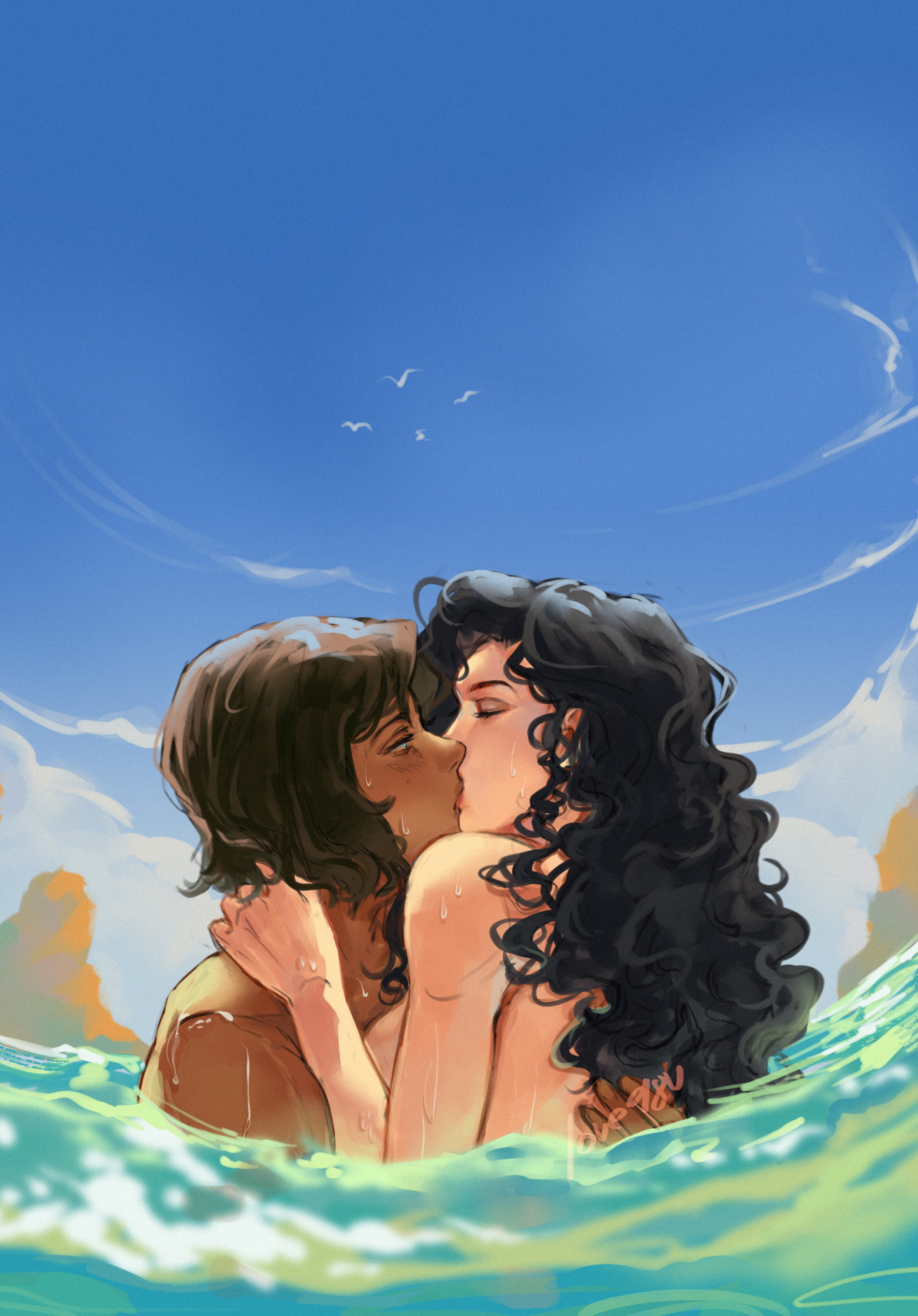 2girls, asami sato, avatar legends, avatar the last airbender, birds, black hair, blue eyes, bob cut, breast peek, brown hair, canon couple, chocolate and vanilla, completely nude, curly hair, dark-skinned female, daytime, deep kissing, duo, embrace, female only, french kiss, hugging, imminent sex, kiss, kissing, korra, light-skinned female, long hair, love, making out, meoowwxx, messy hair, nude, nude female, ocean, outdoor nudity, outdoors, passionate, pressed together, romantic, romantic couple, short hair, sideboob, skinny dipping, summer, swimming pool, tasteful nudity, the legend of korra, tomboy, water, yuri