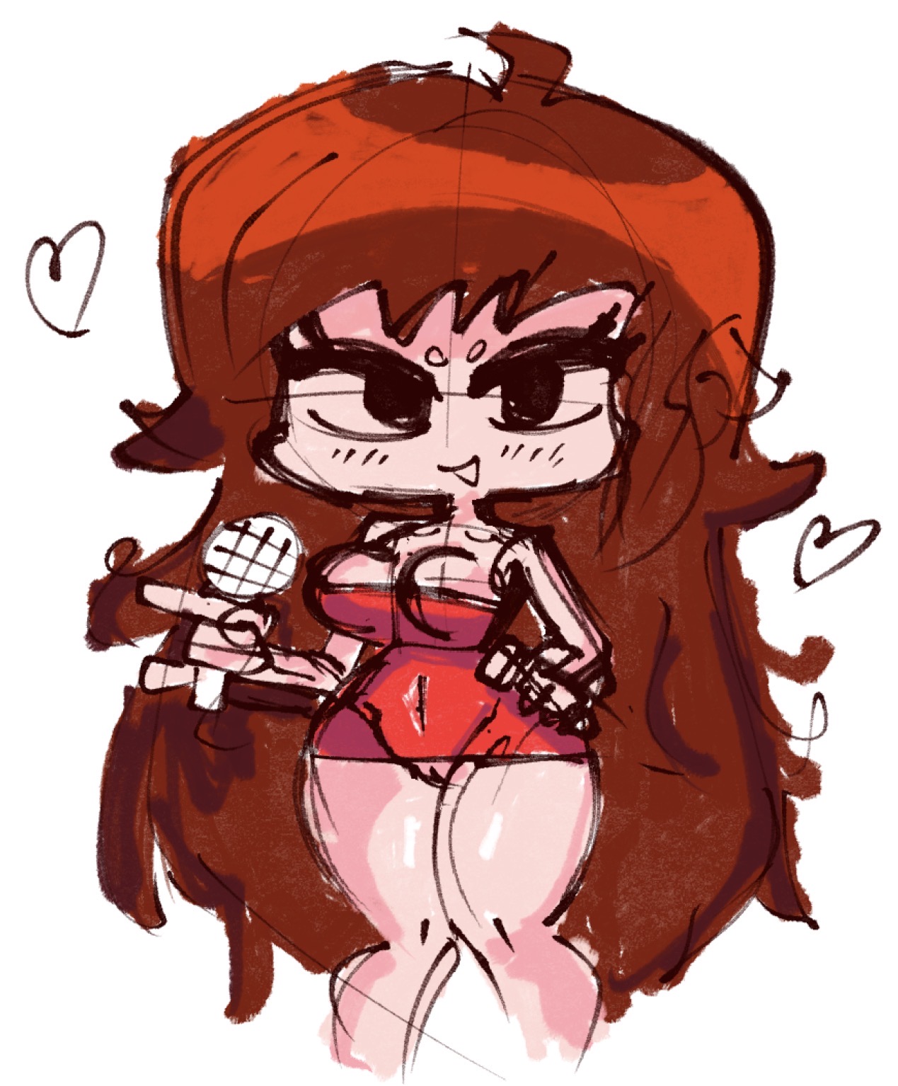 1girls, 2d, alternate body type, auburn hair, bare legs, big breasts, big thighs, blush, chibi, cleavage, dress, friday night funkin, girlfriend (friday night funkin), hand on hip, hearts around head, holding object, looking at viewer, messy hair, navel, psychone, pussy, pussy peek, red dress, red hair, self upload, thighs, useless clothing