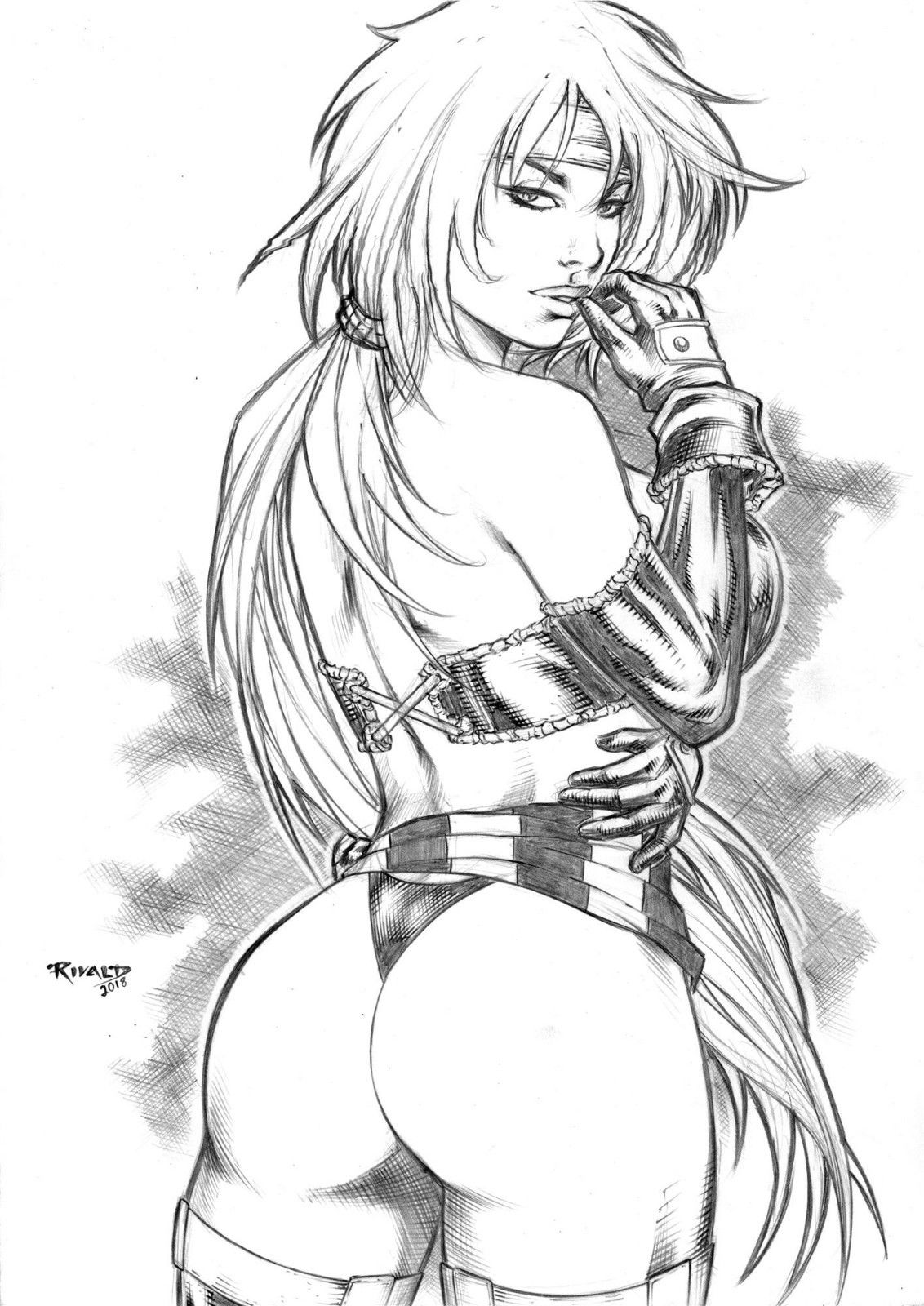 1girls 2018 absurdly_long_hair ass bandana battle_chasers big_ass black_and_white bra dat_ass dated ed_benes_studio female female_only finger_to_mouth gloves greyscale headband human leather_gloves monochrome panties pinup ponytail red_monika rivald sash signature sketch solo thick_ass thighhighs thong wildstorm