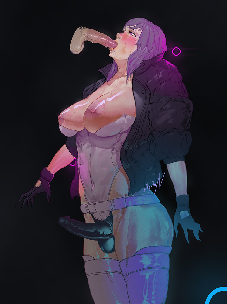 1boy, 1futa, areolae, balls, balls bulge, balls in panties, balls under clothes, big breasts, breasts, cameltail, dickgirl, erection, erection in panties, erection under clothes, futa is bigger, futanari, ghost in the shell, ghost in the shell stand alone complex, intersex, kusanagi motoko, large breasts, liquidn, male, male on futa, nipples, panties, panty bulge, penis, penis bulge, penis in panties, penis size difference, penis under clothes, tenting, thighhighs