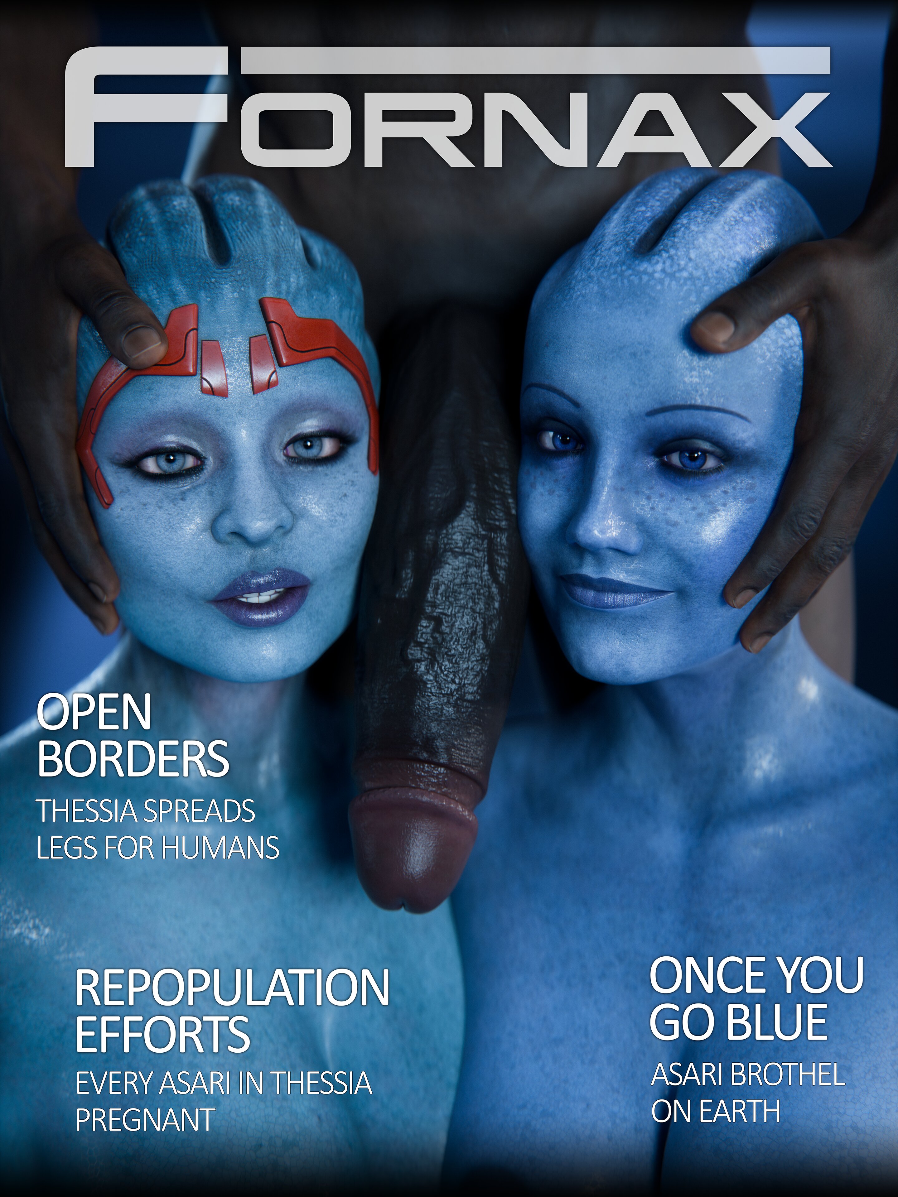 1boy, 2girls, 3d, alien, alien girl, asari, big penis, bioware, blue body, blue skin, cock on face, currysfm, dark skin, dark-skinned male, fornax, huge cock, interracial, james vega, large penis, liara t'soni, looking at viewer, looking pleasured, magazine cover, mass effect, milf, samara, veiny penis