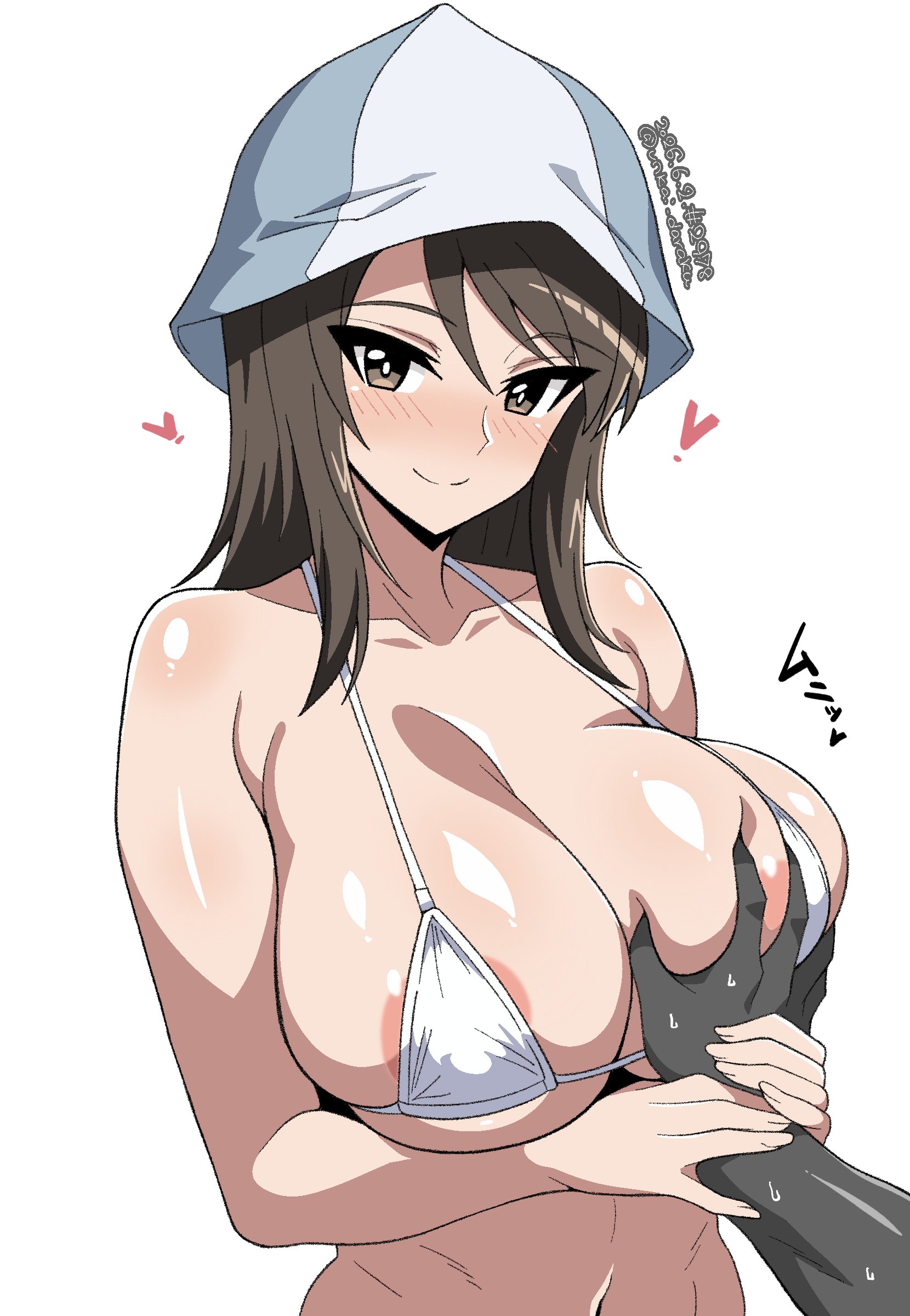 1boy, 1girl, absurdres, areola slip, bikini, blush, breasts, brown eyes, brown hair, closed mouth, collarbone, commentary request, girls und panzer, grabbing another's breast, grey body, groping, guided breast grab, guiding hand, heart, highres, large breasts, long hair, looking at viewer, micro bikini, mika (girls und panzer), navel, simple background, smile, swimsuit, tulip hat, unkai daraku, upper body, white background, white bikini
