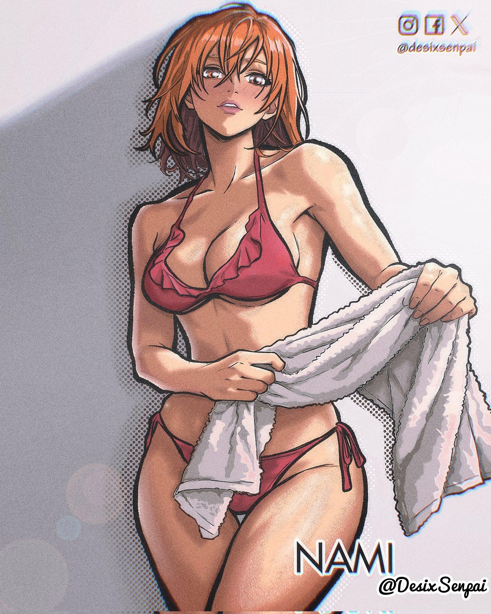 1girls, 2d, 2d (artwork), 2d artwork, adult, adult female, almost naked, almost nude, anime, anime character, background, bare armpits, bare arms, bare belly, bare chest, bare hands, bare hips, bare legs, bare midriff, bare navel, bare shoulders, bare skin, bare thighs, belly, belly button, big boobs, big breasts, bikini, bikini bottom, bikini only, bikini top, breasts, busty, busty female, busty girl, cleavage, collarbone, curvaceous, curvaceous body, curvaceous female, curvaceous figure, curvaceous hips, curvy, curvy body, curvy female, curvy figure, curvy hips, desixsenpai, digital, digital art, digital drawing, digital drawing (artwork), digital media, digital media (artwork), drawing, exposed, exposed armpits, exposed arms, exposed belly, exposed chest, exposed hips, exposed legs, exposed midriff, exposed navel, exposed shoulders, exposed skin, exposed thighs, fanart, female, female focus, female only, fingernails, fingers, fit female, frilled bikini top, ginger, ginger hair, groin, hair between eyes, halterneck, head tilt, hi res, high res, high resolution, highres, holding towel, hourglass figure, inframammary fold, inguinal crease, inguinal ligament, large boobs, large breasts, lean figure, linea alba, looking at viewer, looking down, looking down at viewer, mature, mature female, mature woman, medium hair, midriff, monotone background, mostly nude, naked, naked female, naked woman, nami (one piece), narrow waist, navel, nearly nude, nude, nude female, nudity, one piece, one piece (live action), orange eyebrows, orange eyes, orange hair, orange hair female, orange-eyed female, orange-haired female, plain background, portrait, practically nude, pre-timeskip, red bikini, red bikini bottom, red bikini top, red swimsuit, red swimwear, shoulders, shueisha, side-tie bikini, sideboob, slender body, slender waist, slim female, slim waist, solo, standing, stomach, string bikini, swimsuit, swimwear, thick thighs, thigh gap, thighs, tilted head, towel, upper body, weekly shonen jump, white background, white towel, wide hips, woman
