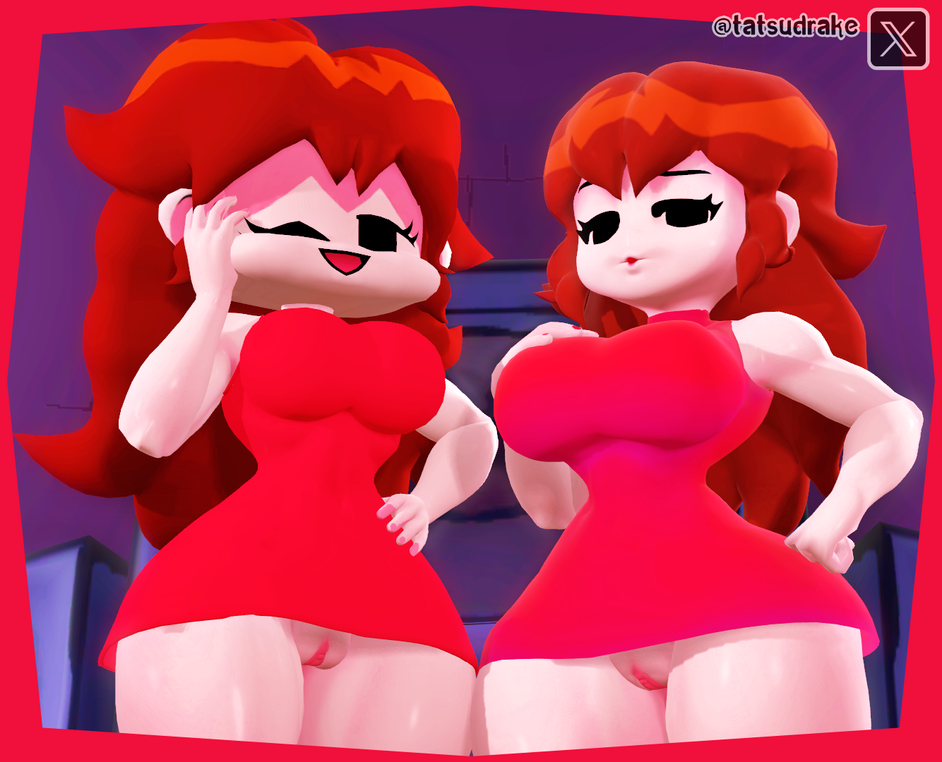 2girls, 3d, 3d (artwork), auburn hair, boobs, breasts, curvy, curvy female, curvy figure, dress, duo, fat pussy, female, female focus, friday night funkin, girlfriend (friday night funkin), hips, hot, kabalmystic (style), large breasts, large thighs, legs, looking back, no panties, nsfw, petite, petite body, petite female, pussy, pussy focus, red hair, sexy, sfm, source filmmaker, tatsudrake, thick hips, thick legs, thick thighs, thighs, vagina close-up, vagina focus