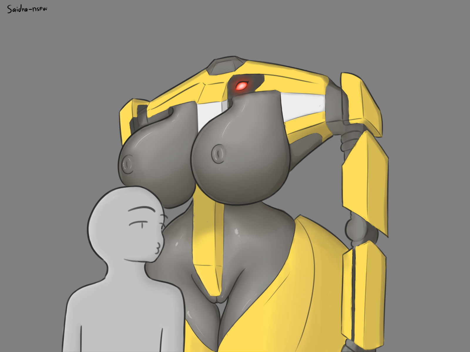 1girls, 2d, anon, borderlands, borderlands 2, breasts, duo, female, human, humanoid, loader bot, machine, nipples, pussy, robot, robot girl, saidra, video games