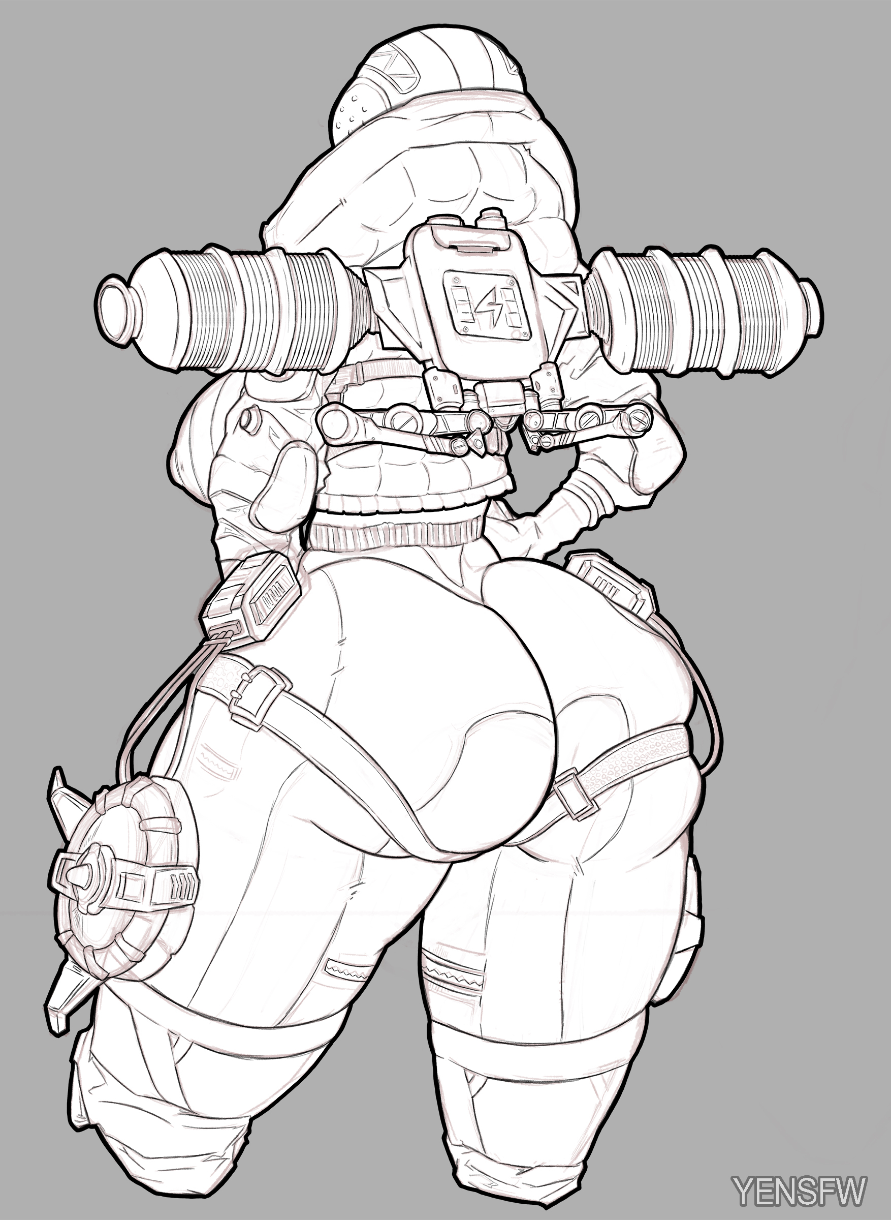 apex legends, ass, behind, big ass, clothed, female, female only, hands on hips, line art, monochrome, solo, solo female, thick thighs, wattson (apex legends), yensfw